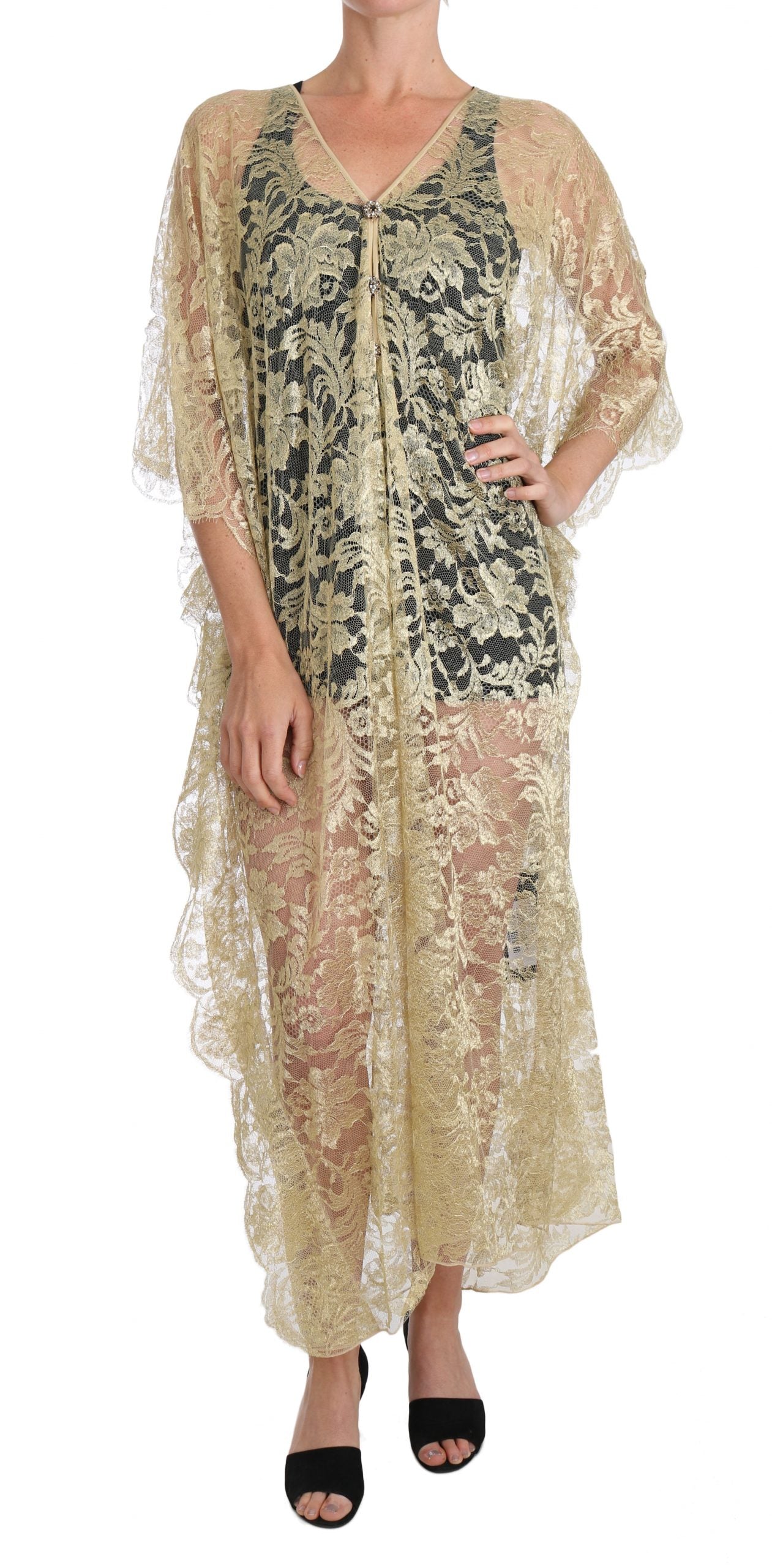 Dolce & Gabbana Gold Floral Lace Crystal Gown Cape Dress | Regal Royce
