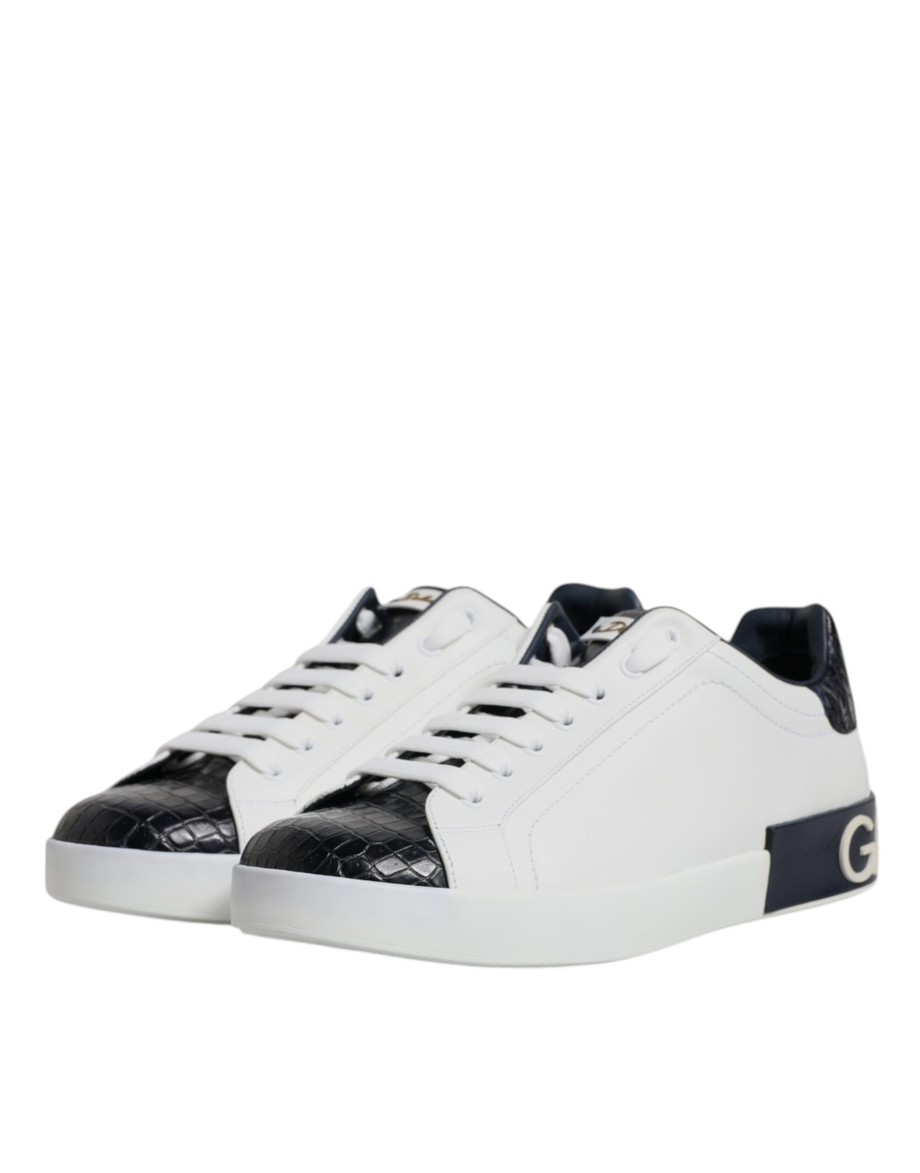 Dolce & Gabbana White Black Leather Portofino Sneaker Shoes | Regal Royce