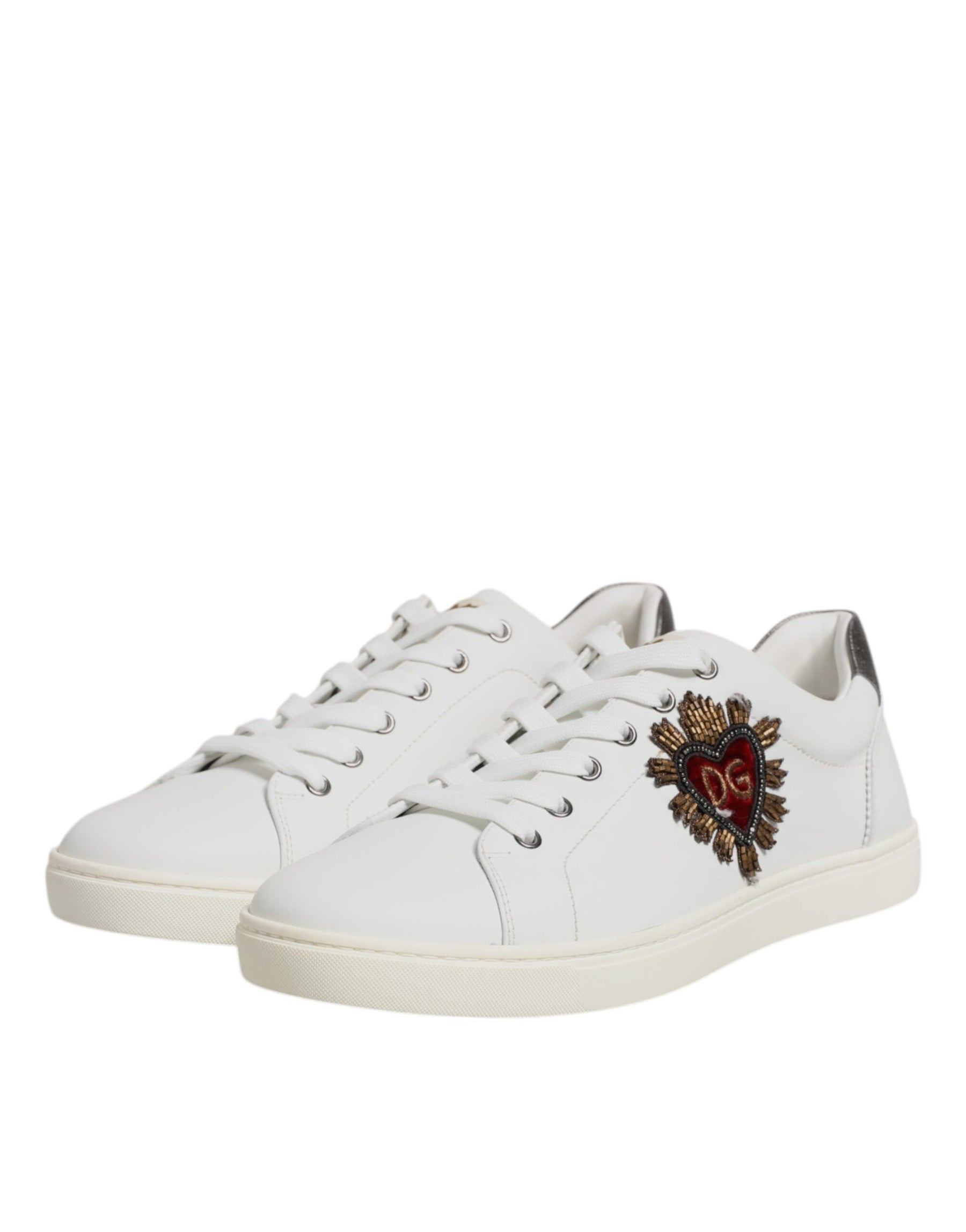 Dolce & Gabbana White Leather Heart Embellished Sneakers Shoes | Regal Royce