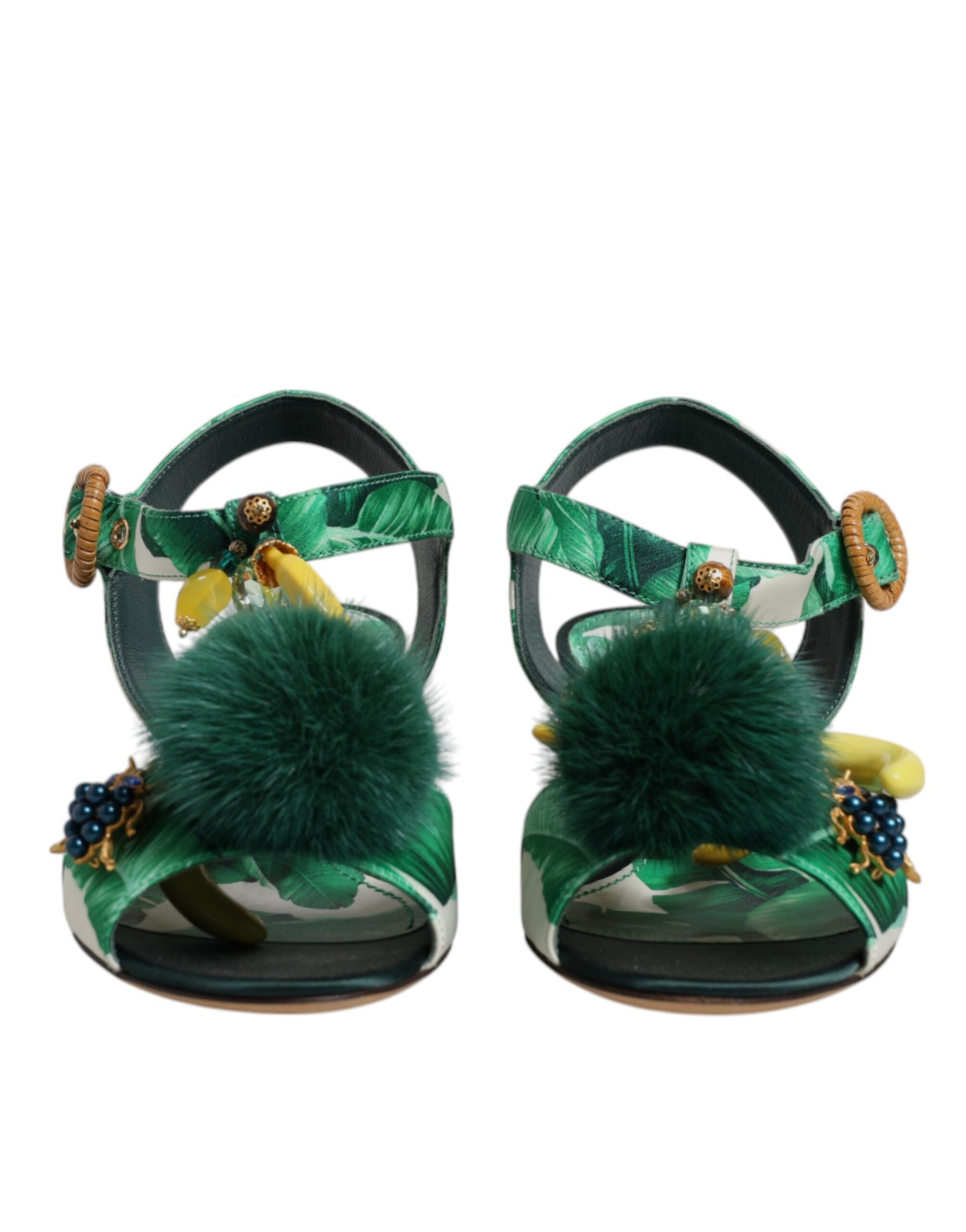 Dolce & Gabbana Green Crystal Fur Embellished Sandals Shoes | Regal Royce