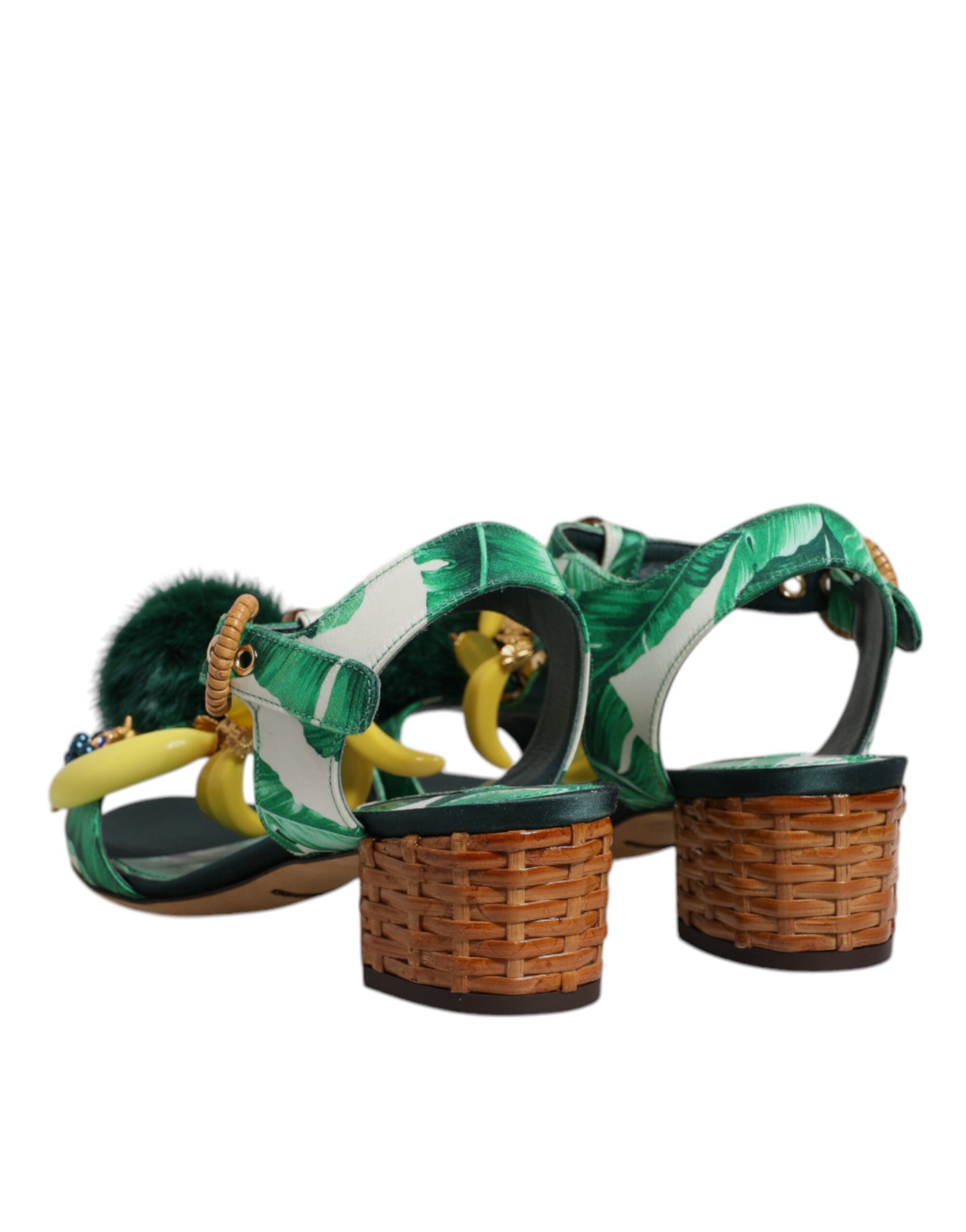 Dolce & Gabbana Green Crystal Fur Embellished Sandals Shoes | Regal Royce