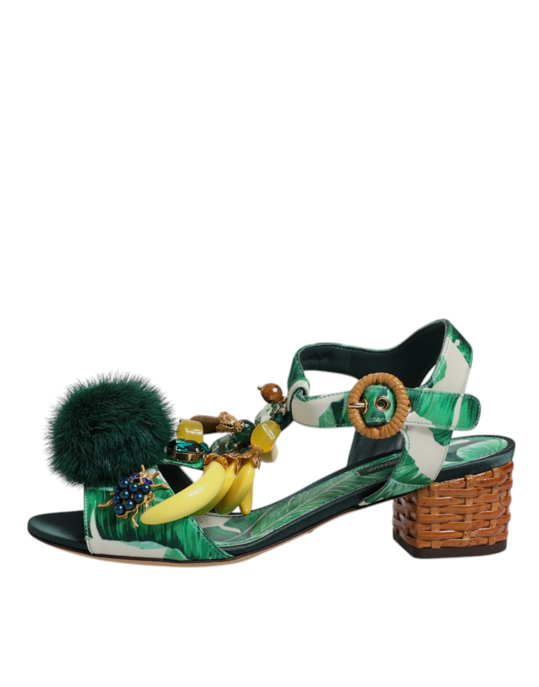 Dolce & Gabbana Green Crystal Fur Embellished Sandals Shoes | Regal Royce