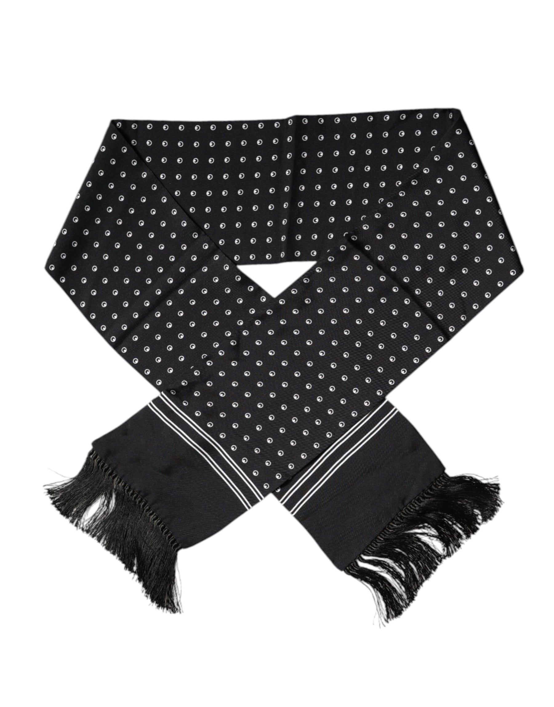 Dolce & Gabbana Black White Polka Dotted Silk Skinny Fringes Scarf | Regal Royce