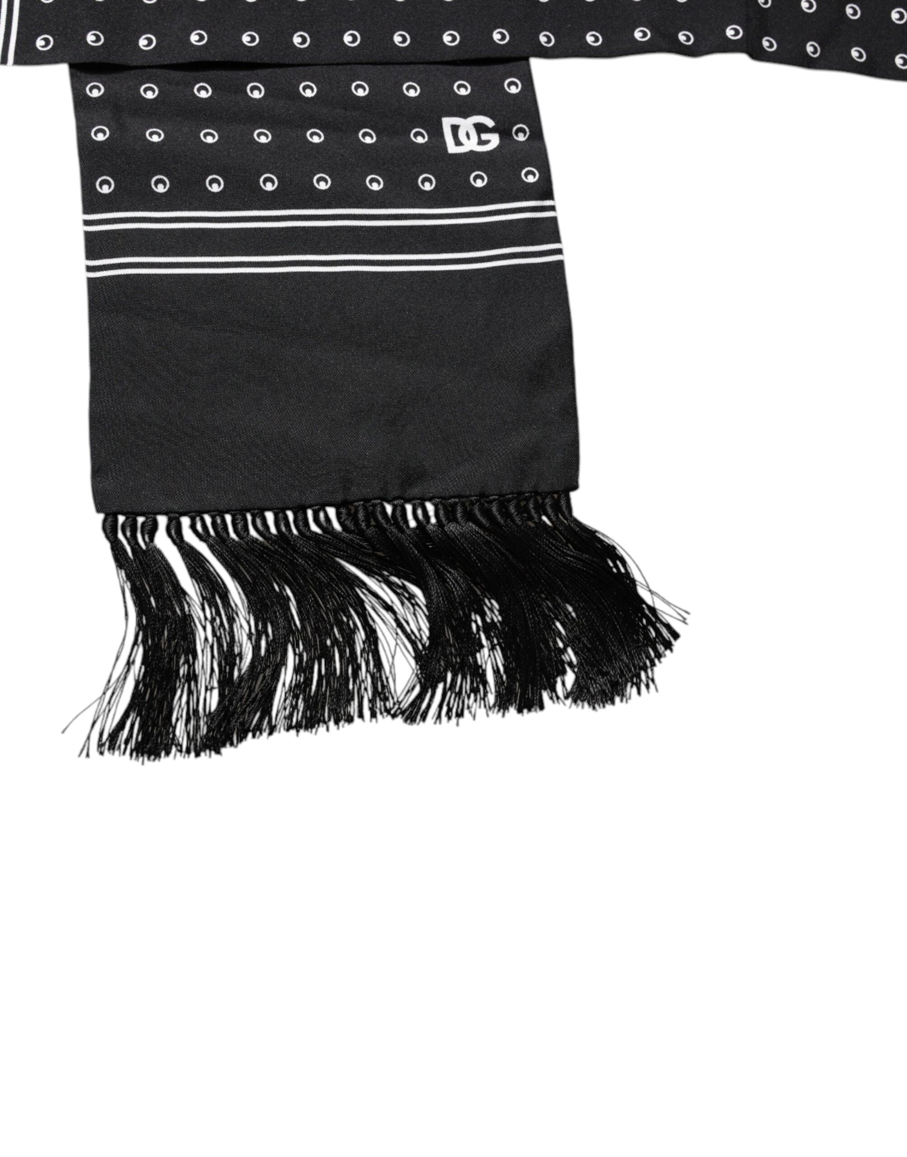 Dolce & Gabbana Black White Polka Dotted Silk Skinny Fringes Scarf | Regal Royce