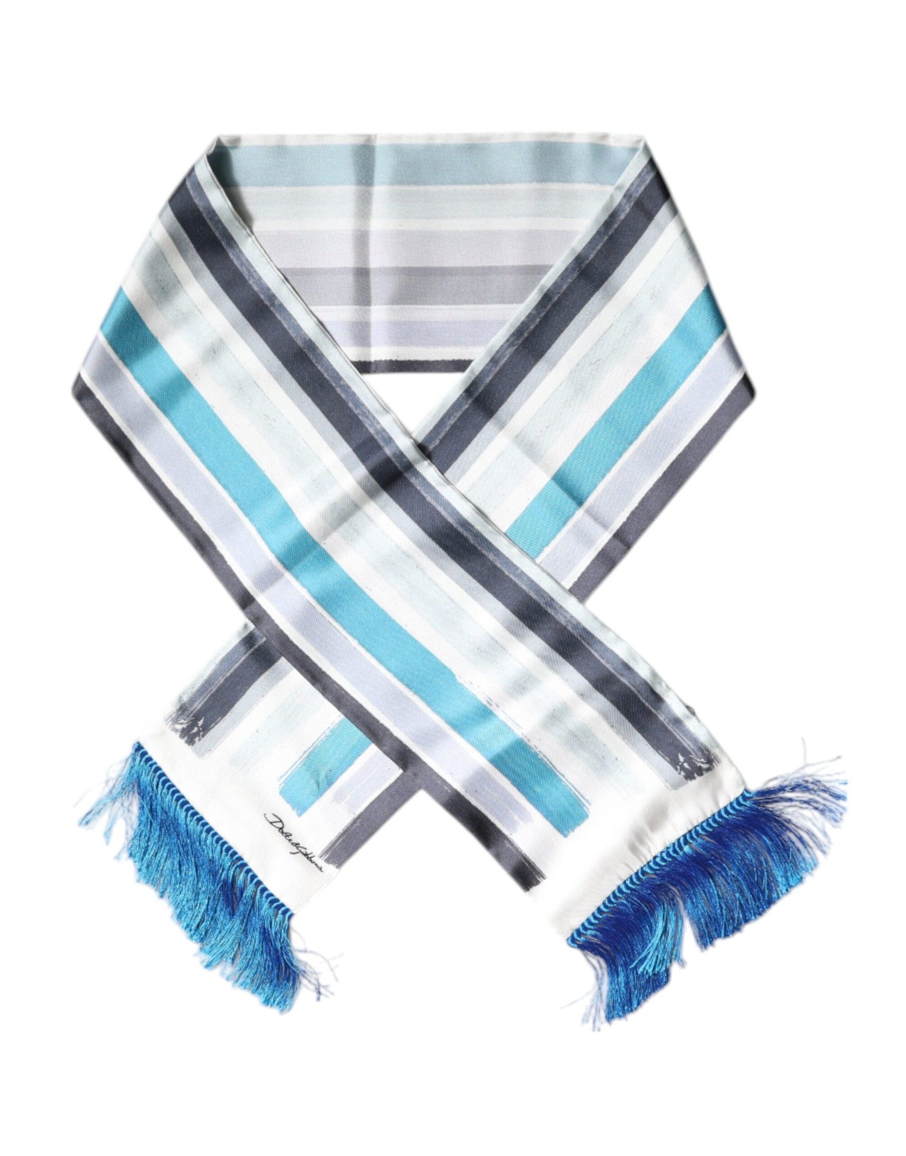 Dolce & Gabbana White Blue Stripes Silk Fringes Wrap Scarf | Regal Royce