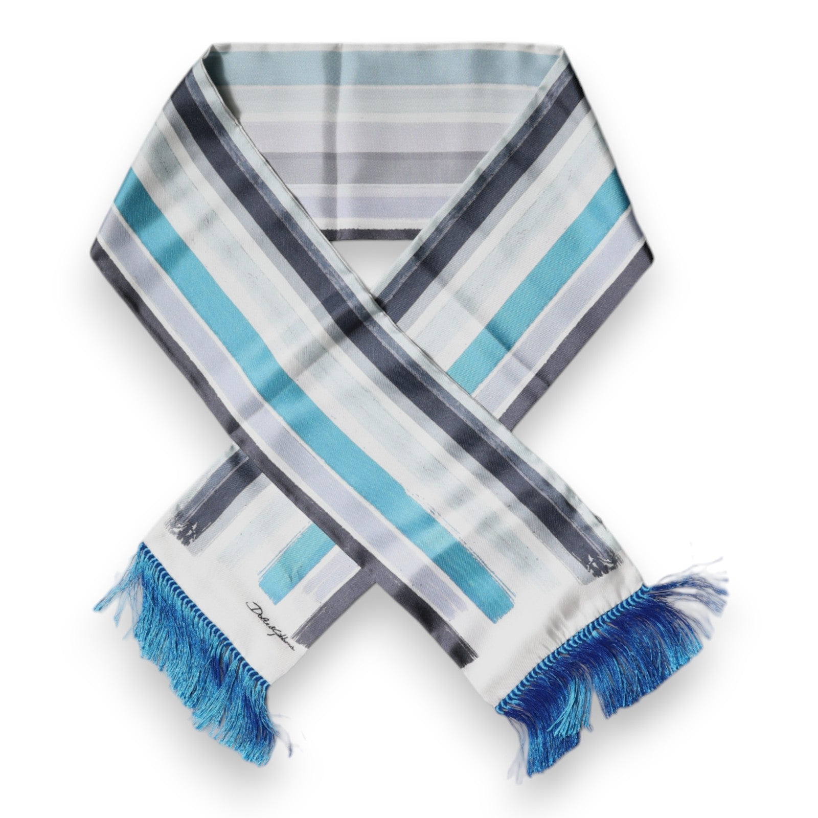 Dolce & Gabbana White Blue Stripes Silk Fringes Wrap Scarf | Regal Royce