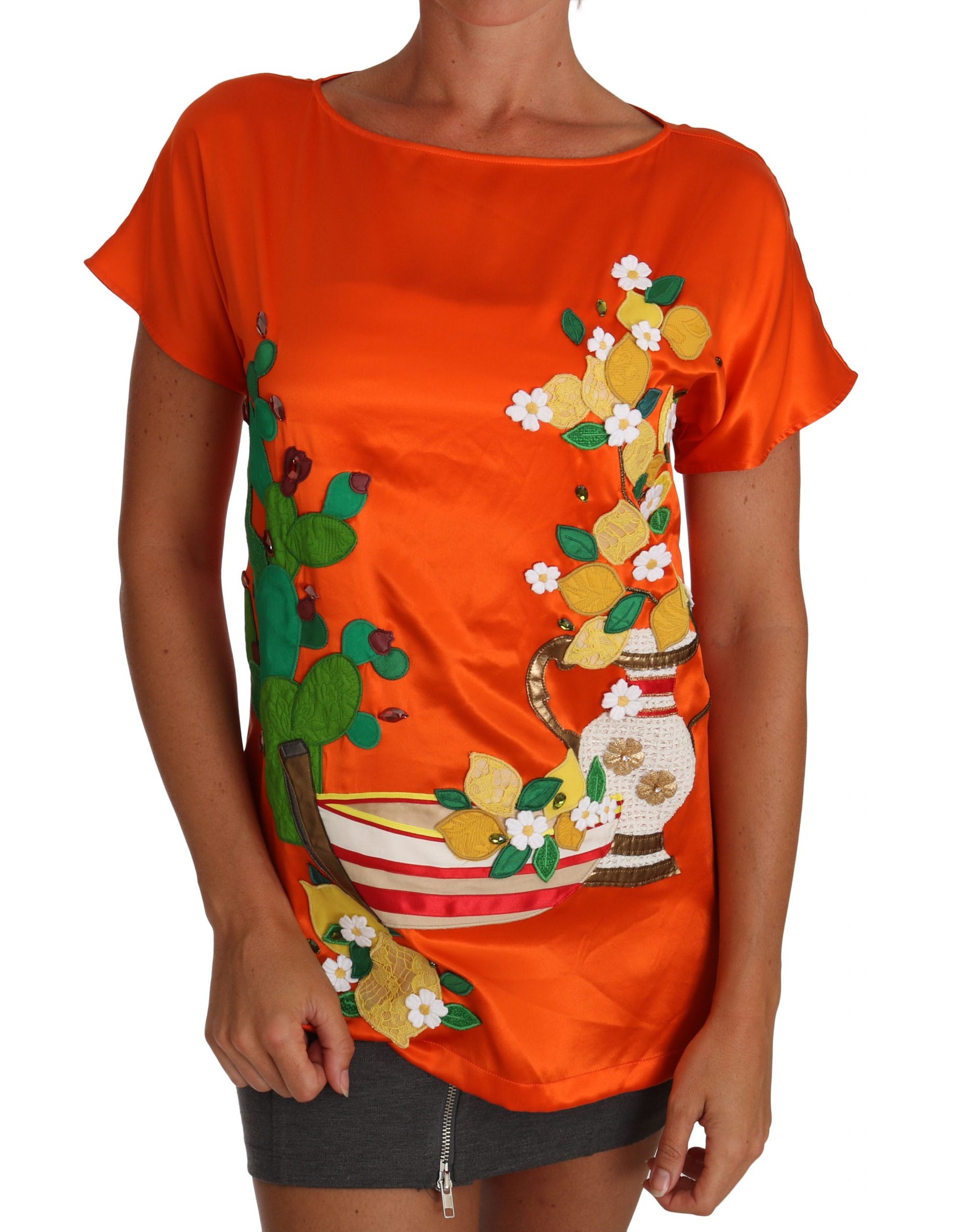Dolce & Gabbana Silk Orange Lemon Crystal T-shirt Top | Regal Royce