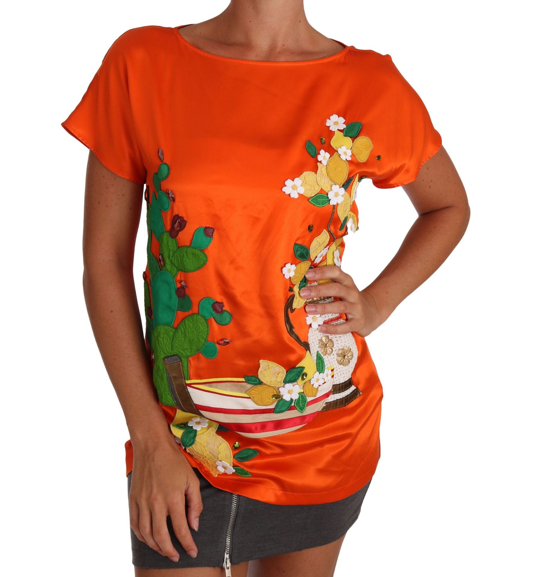 Dolce & Gabbana Silk Orange Lemon Crystal T-shirt Top | Regal Royce