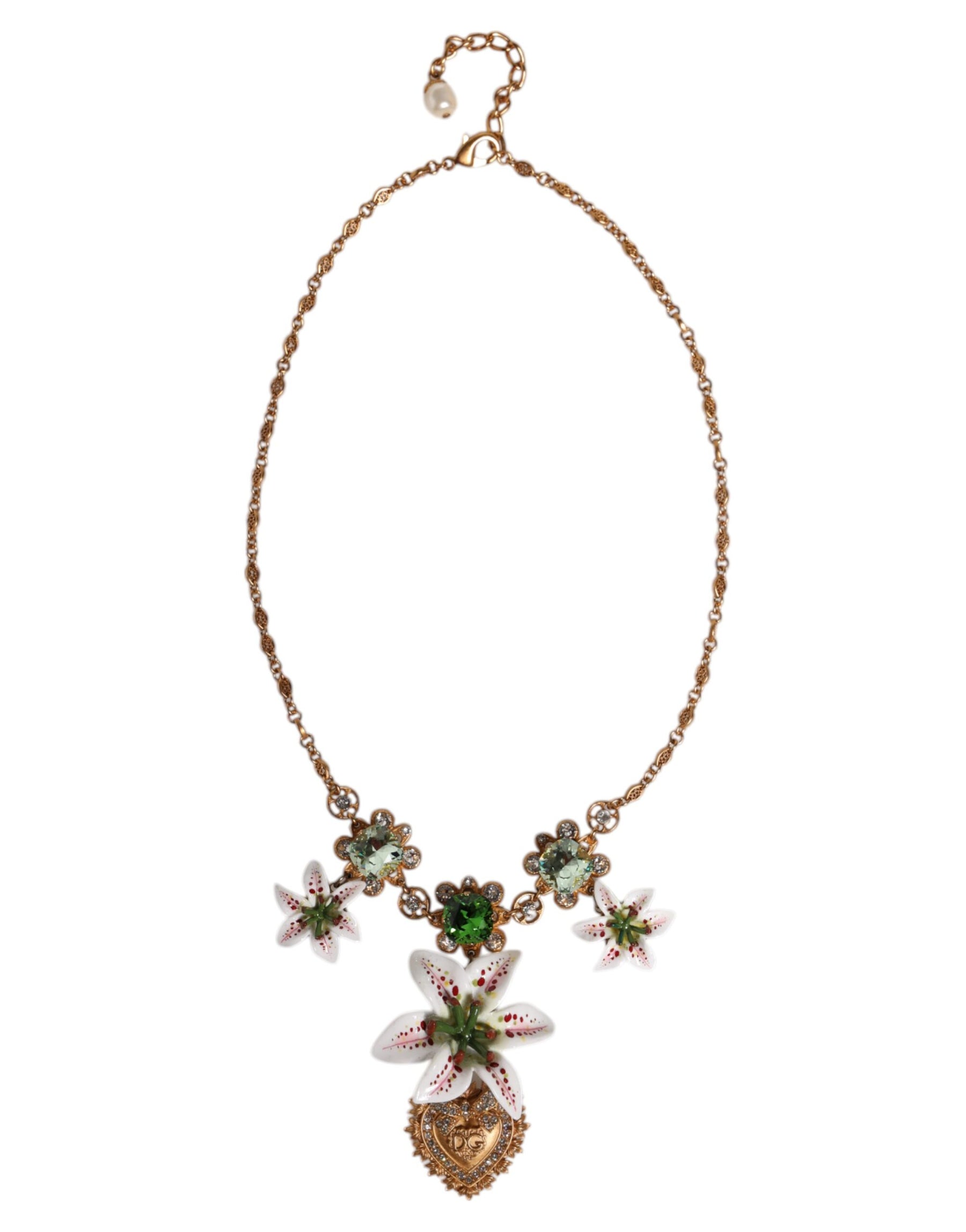 Dolce & Gabbana Gold Brass Lily Crystal Sacred Heart Pendant Necklace | Regal Royce