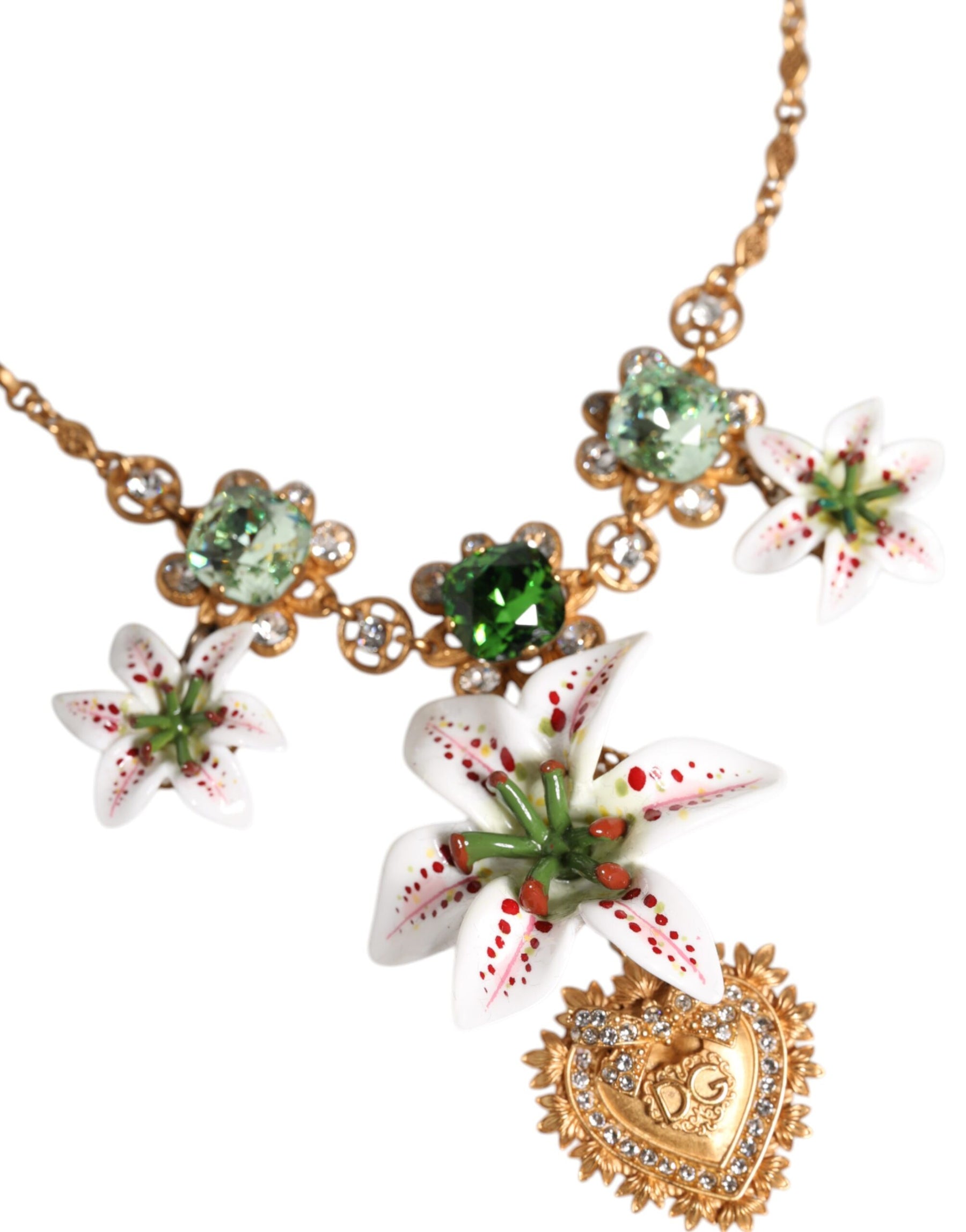 Dolce & Gabbana Gold Brass Lily Crystal Sacred Heart Pendant Necklace | Regal Royce