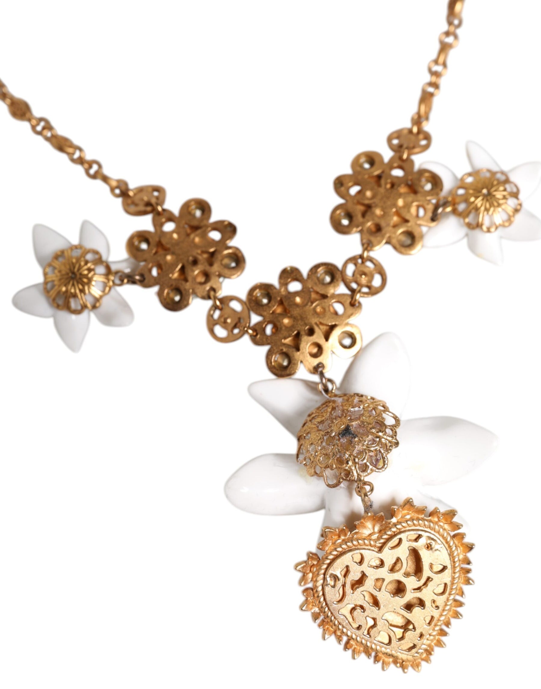 Dolce & Gabbana Gold Brass Lily Crystal Sacred Heart Pendant Necklace | Regal Royce