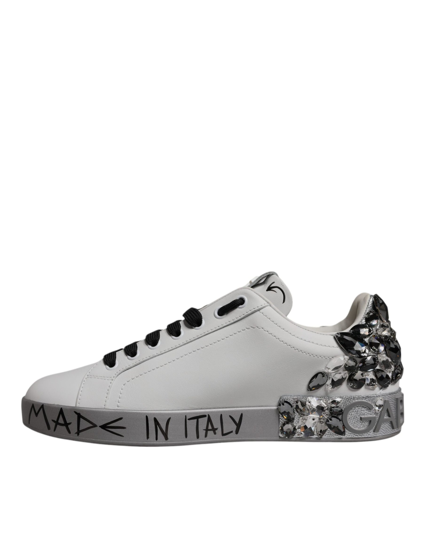 Dolce & Gabbana White Silver Crystal Logo Portofino Sneakers Shoes | Regal Royce