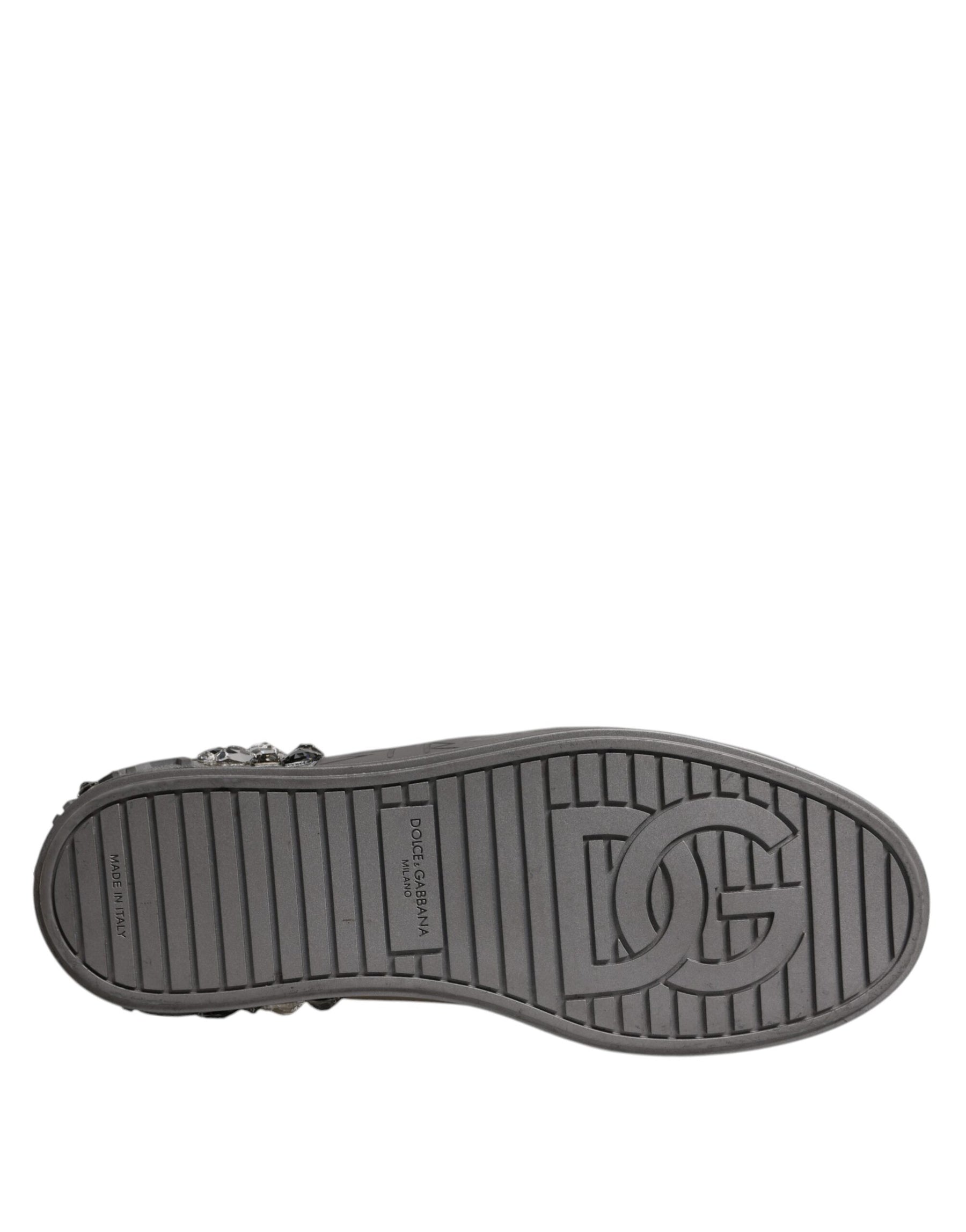 Dolce & Gabbana White Silver Crystal Logo Portofino Sneakers Shoes | Regal Royce