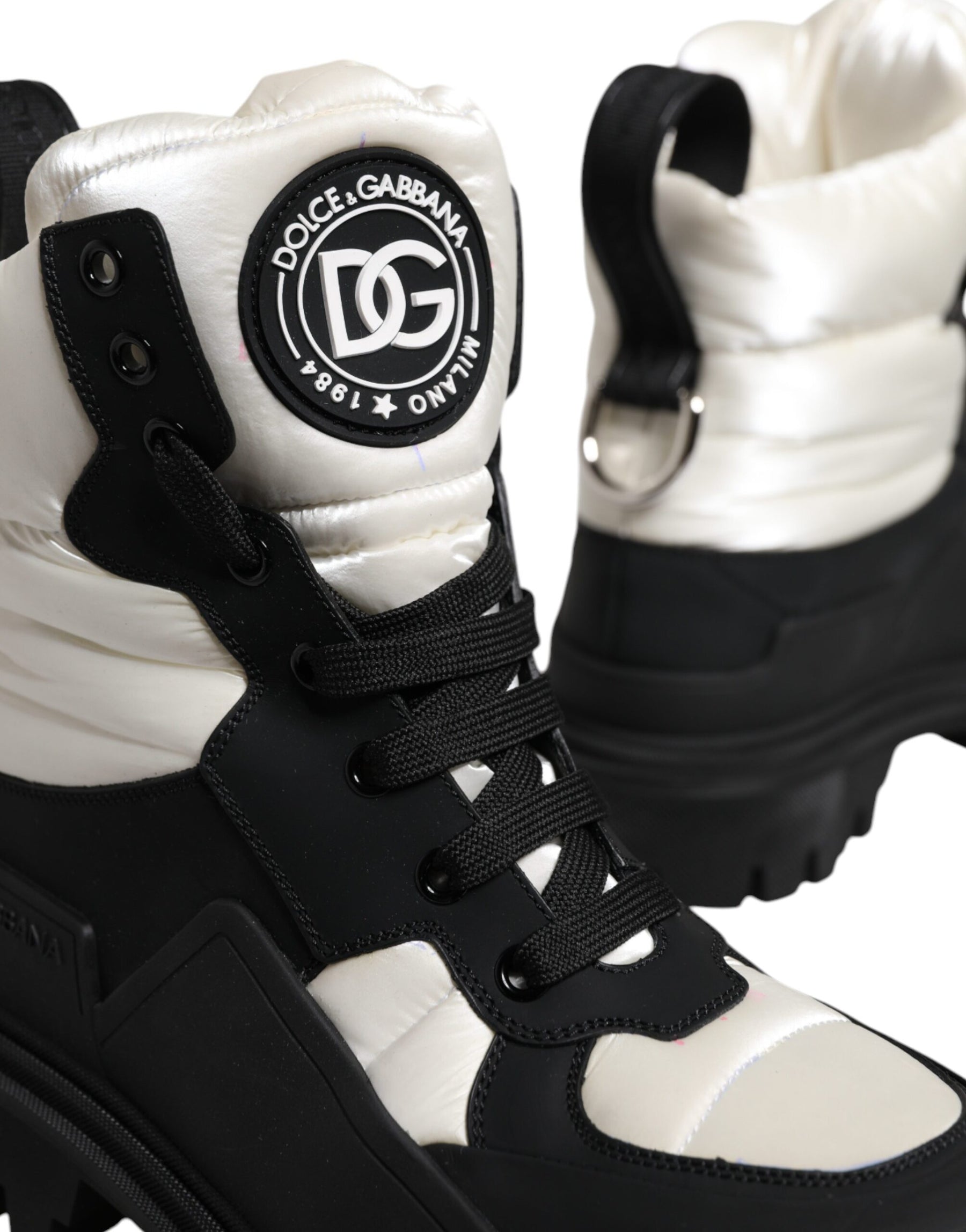 Dolce & Gabbana Black White Padded Mid Calf Lace Up Boots Shoes | Regal Royce