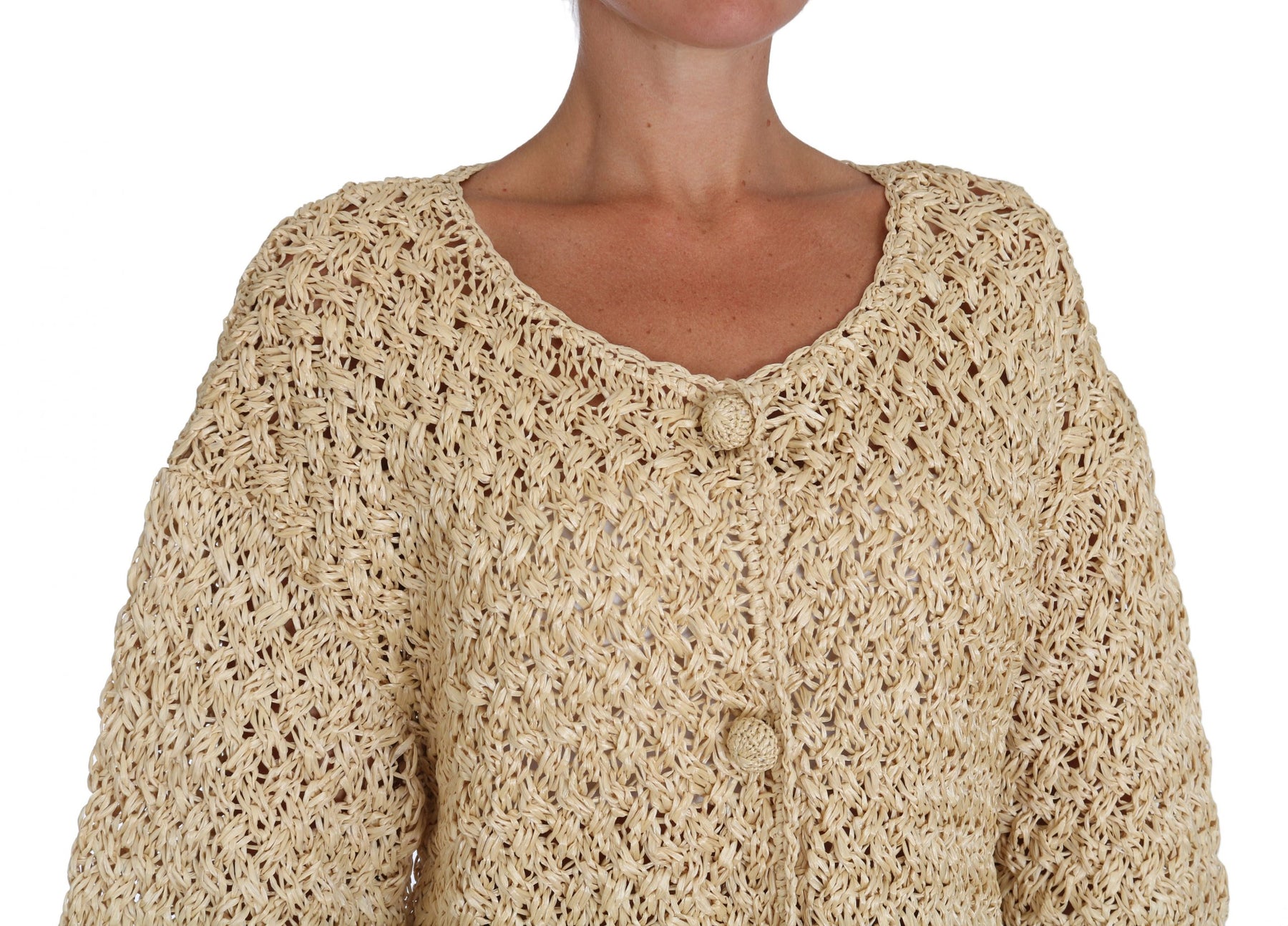 Dolce & Gabbana Beige Cardigan Crochet Knitted Raffia Sweater | Regal Royce