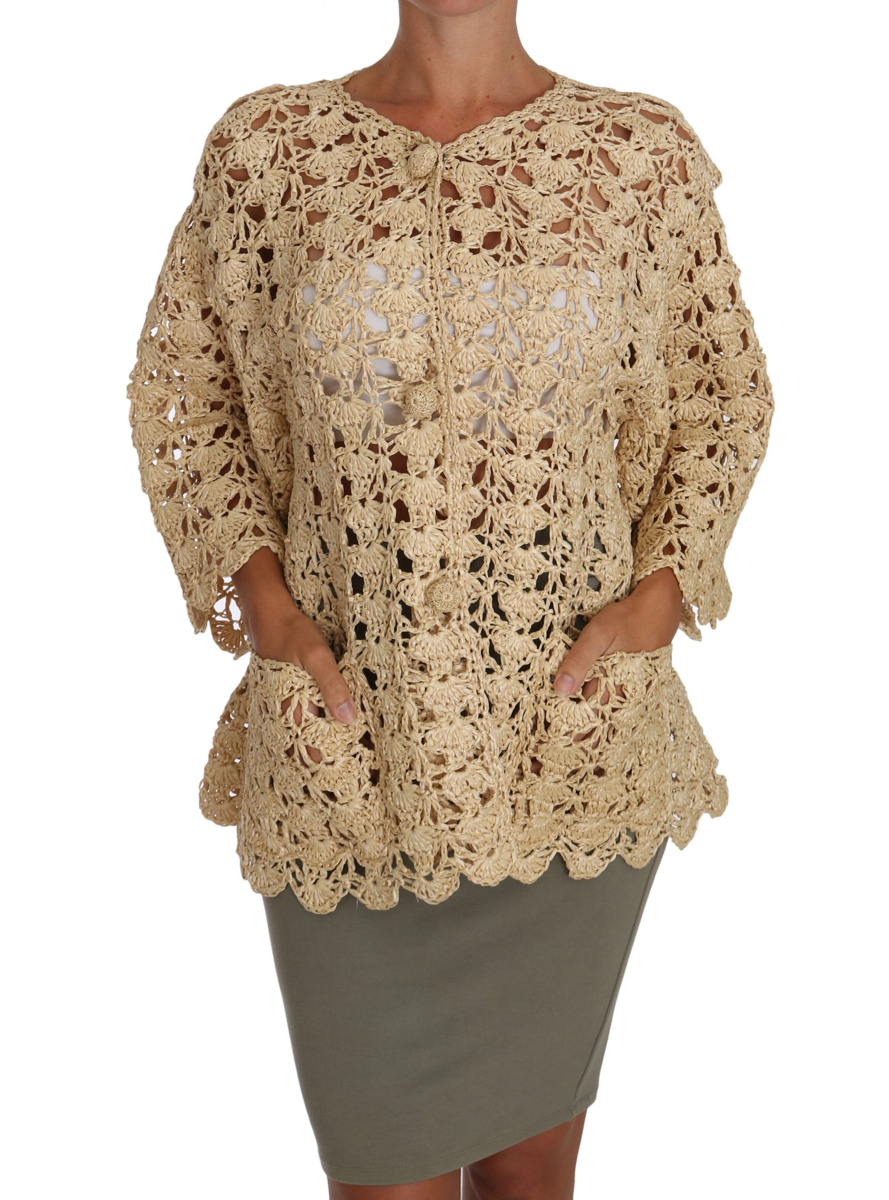 Dolce & Gabbana Beige Cardigan Crochet Knitted Raffia Sweater | Regal Royce