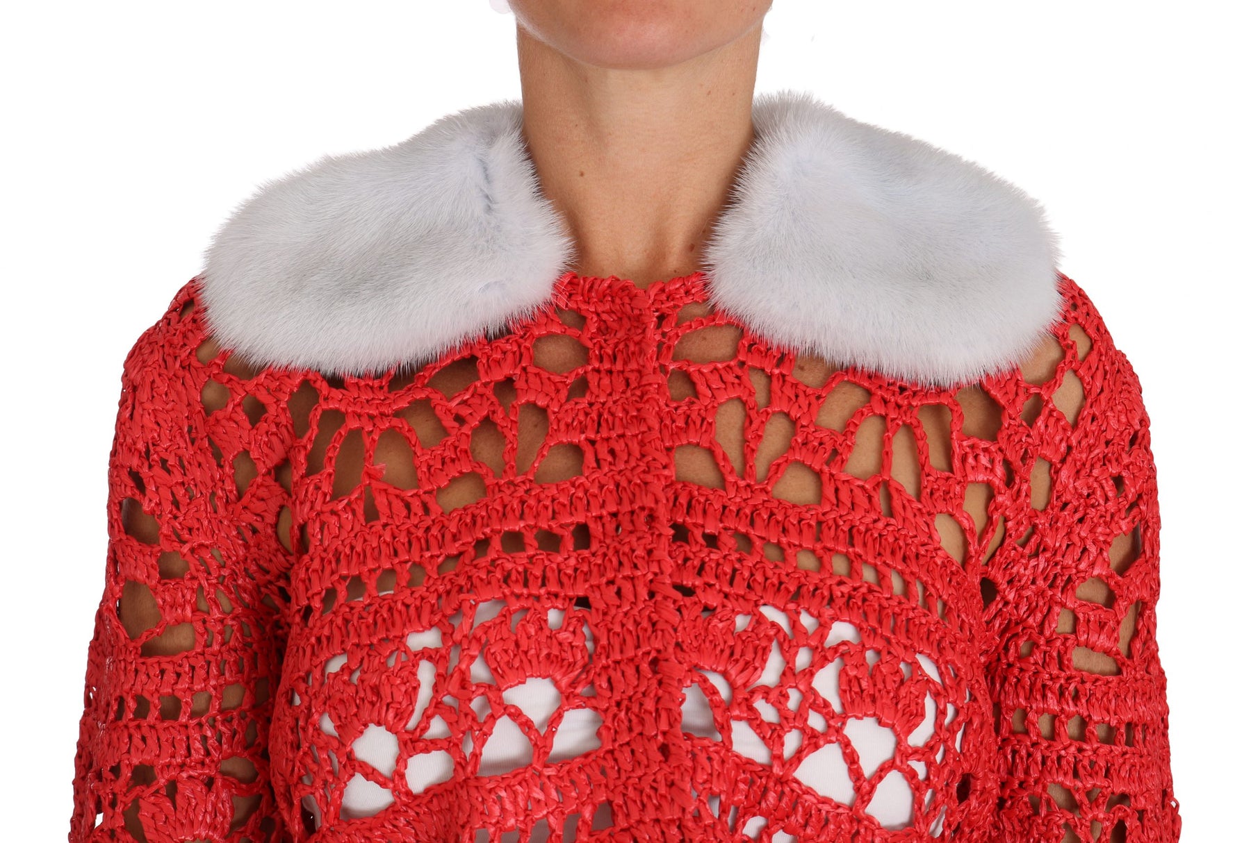 Dolce & Gabbana Red Cardigan Crochet Knit Raffia Sweater | Regal Royce