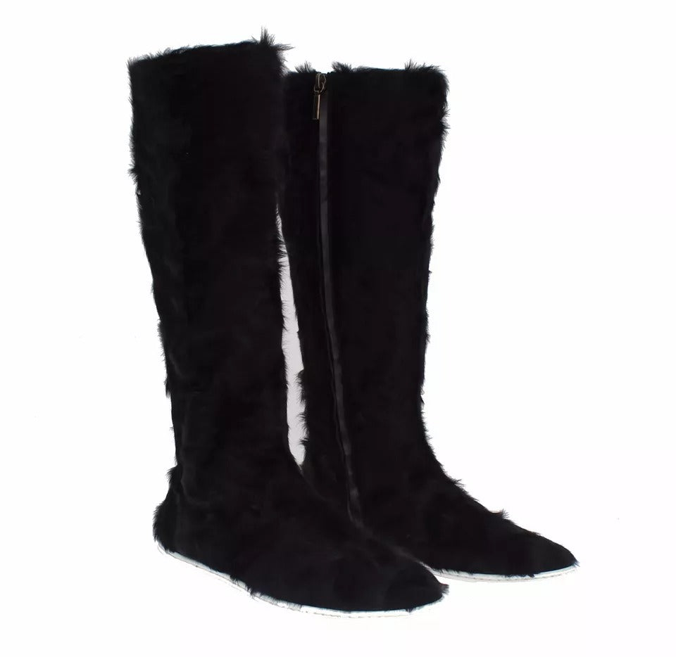 Dolce & Gabbana Black Xiangao Lamb Fur Leather Boots Shoes | Regal Royce