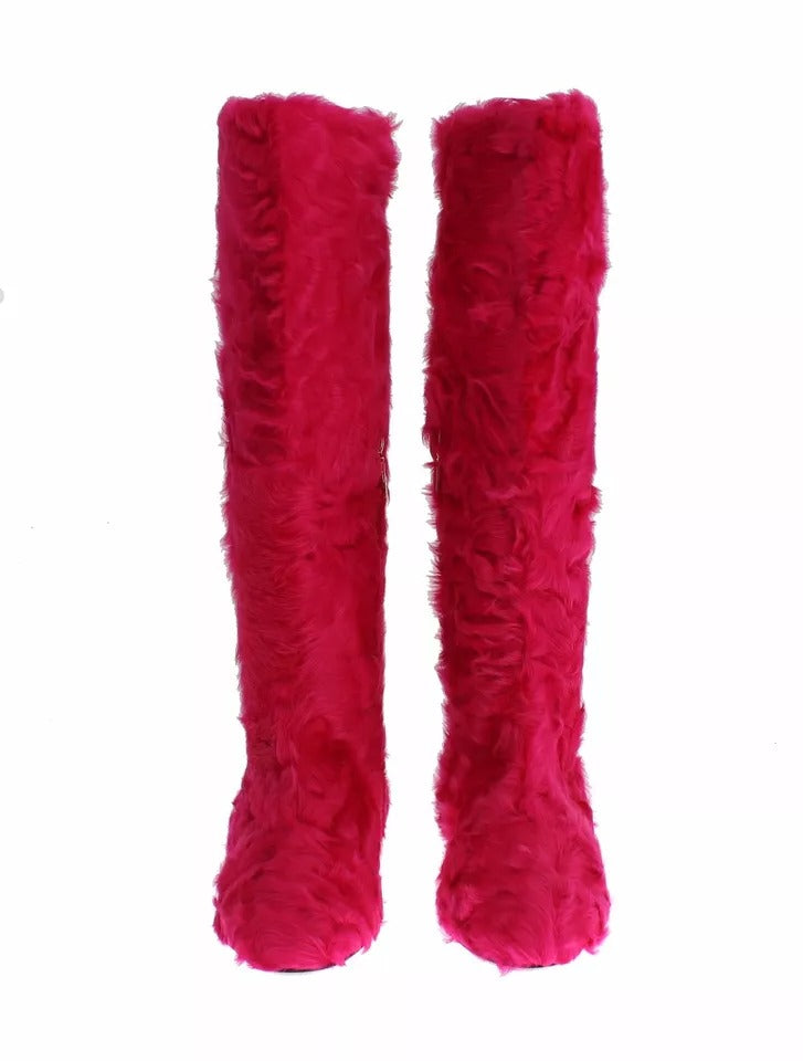 Dolce & Gabbana Pink Lamb Fur Leather Flat Boots Shoes | Regal Royce