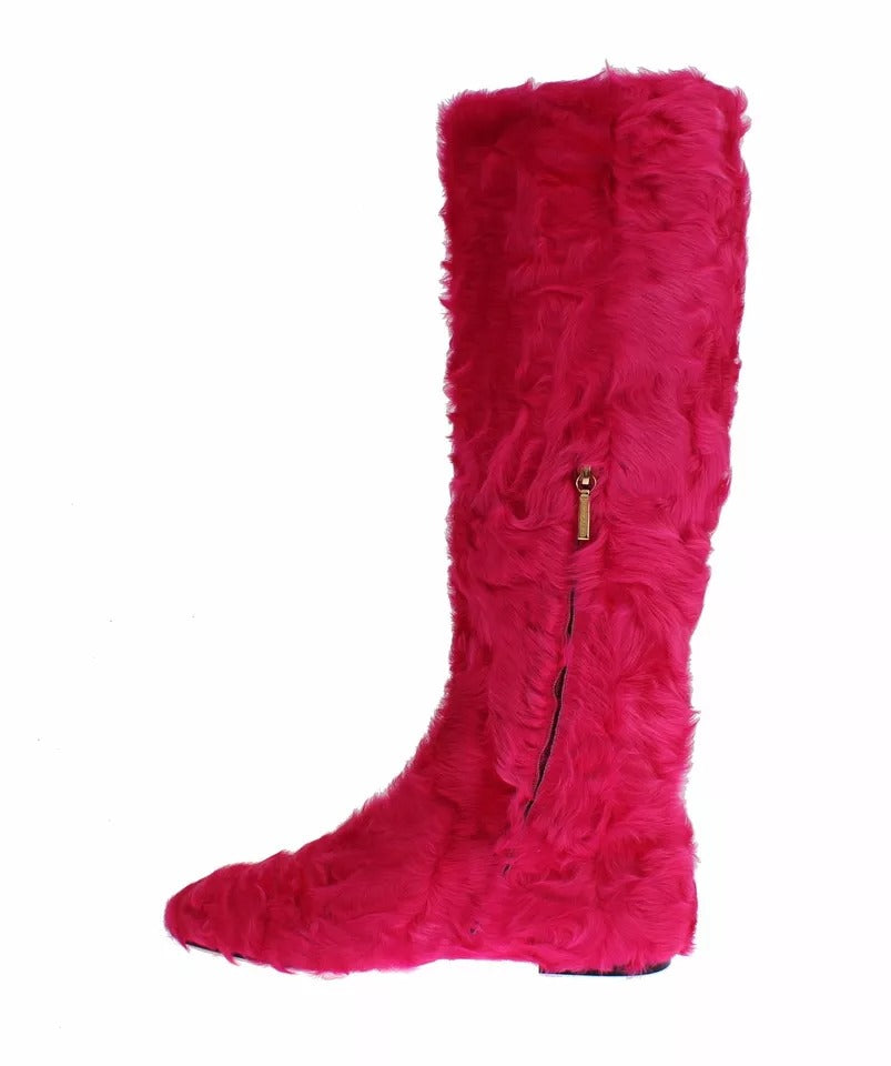 Dolce & Gabbana Pink Lamb Fur Leather Flat Boots Shoes | Regal Royce