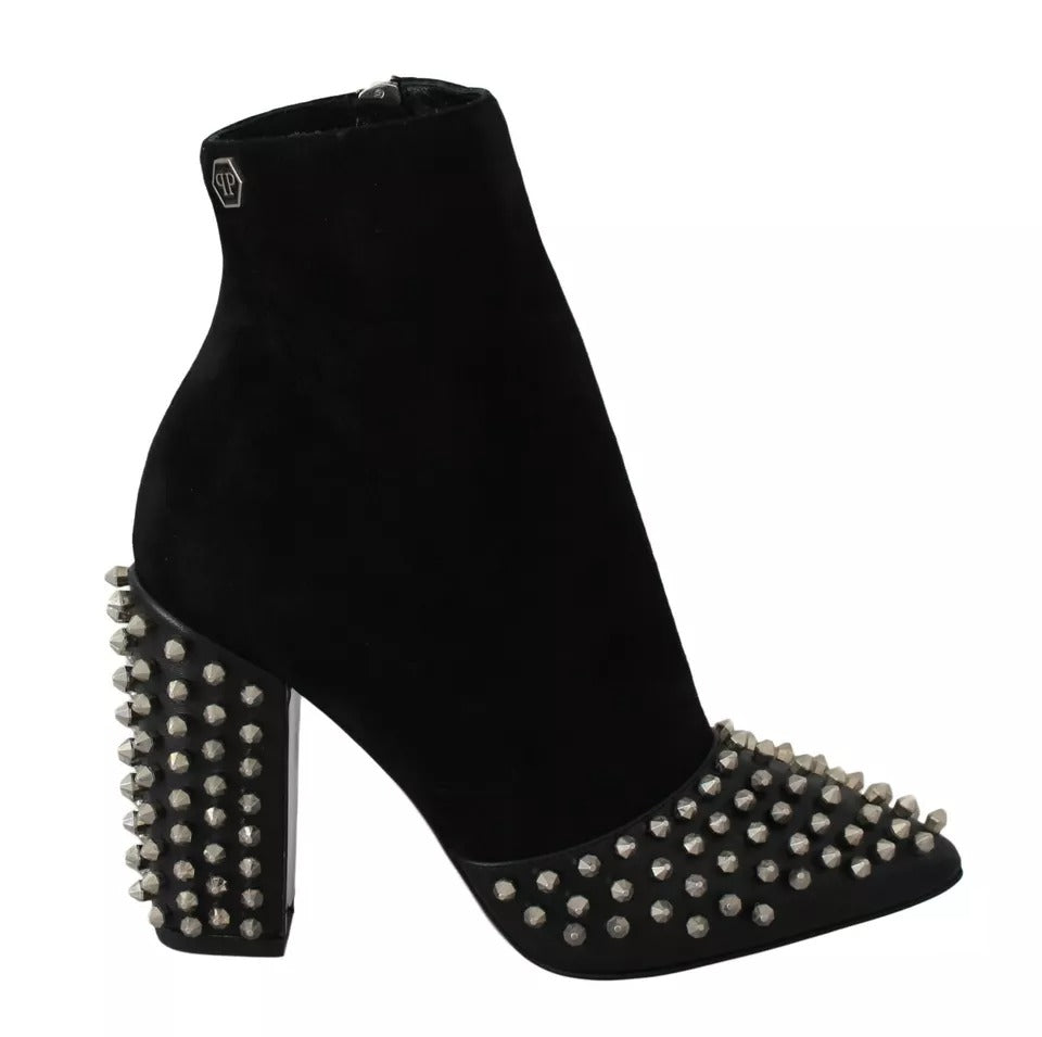 Philipp Plein Black Suede Studded Heels Ankle Boots Shoes | Regal Royce