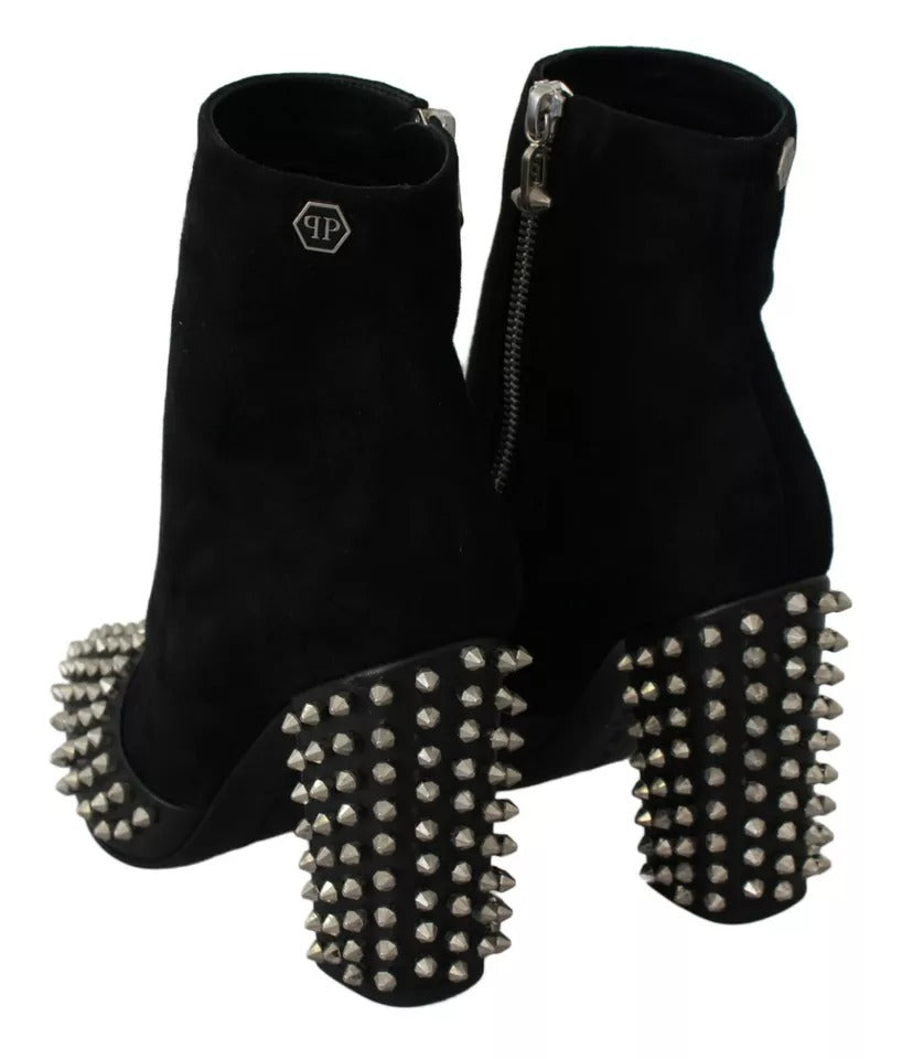 Philipp Plein Black Suede Studded Heels Ankle Boots Shoes | Regal Royce