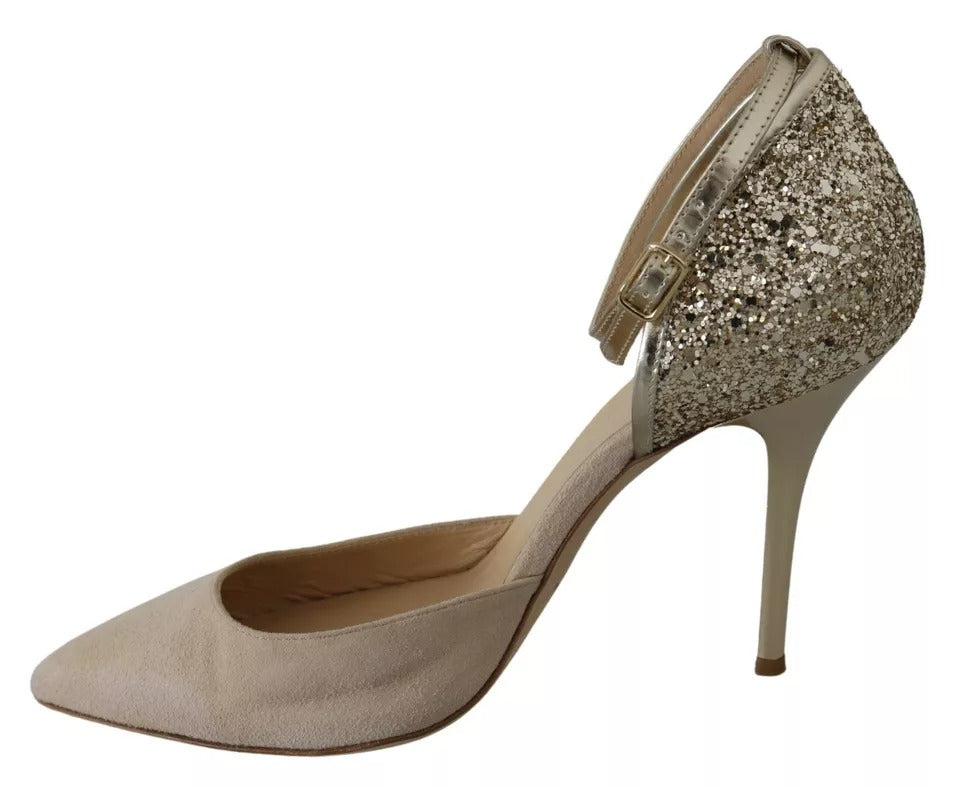 Elisabetta Franchi Beige Linen Ankle Strap High Heels Shoes | Regal Royce
