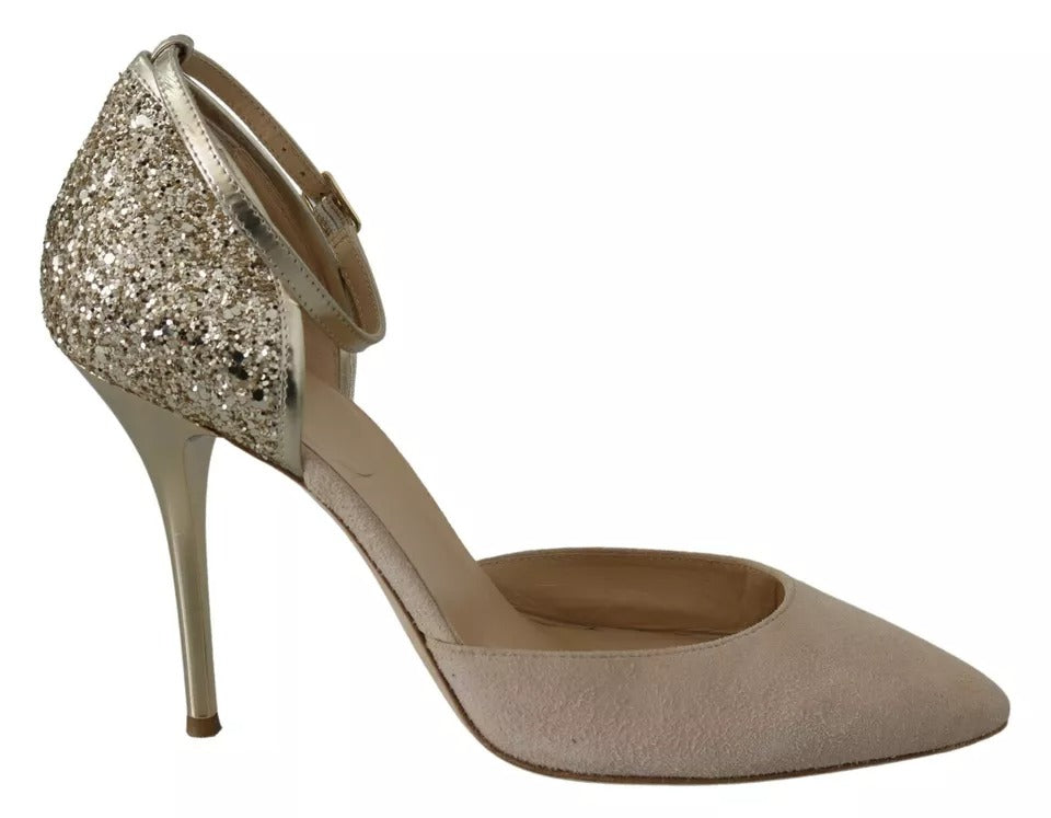 Elisabetta Franchi Beige Linen Ankle Strap High Heels Shoes | Regal Royce
