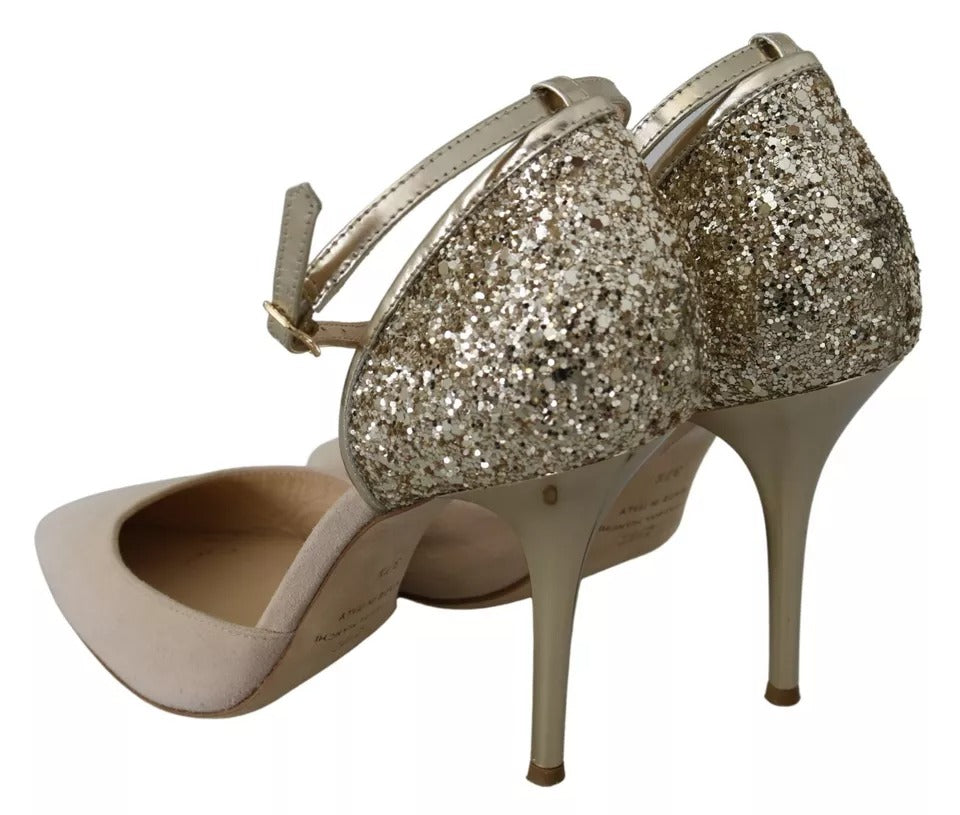 Elisabetta Franchi Beige Linen Ankle Strap High Heels Shoes | Regal Royce
