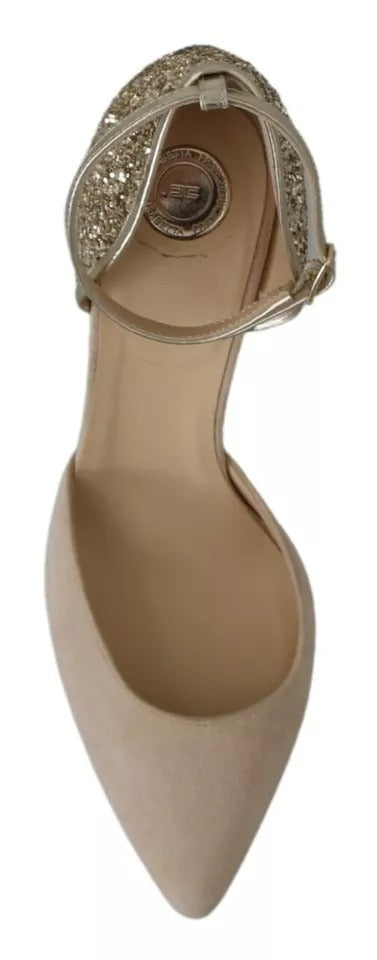 Elisabetta Franchi Beige Linen Ankle Strap High Heels Shoes | Regal Royce