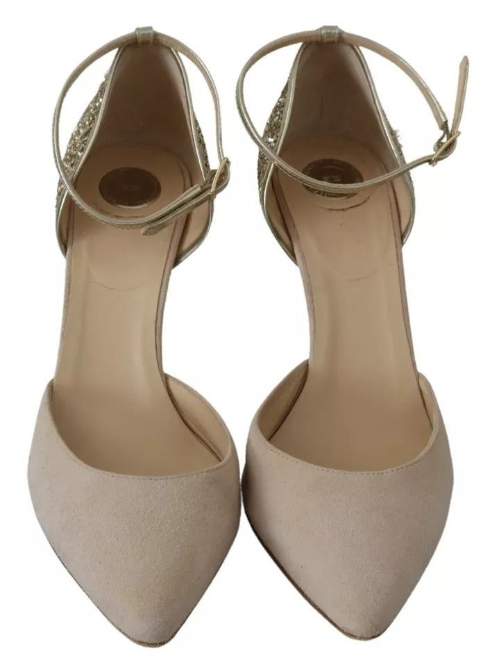 Elisabetta Franchi Beige Linen Ankle Strap High Heels Shoes | Regal Royce