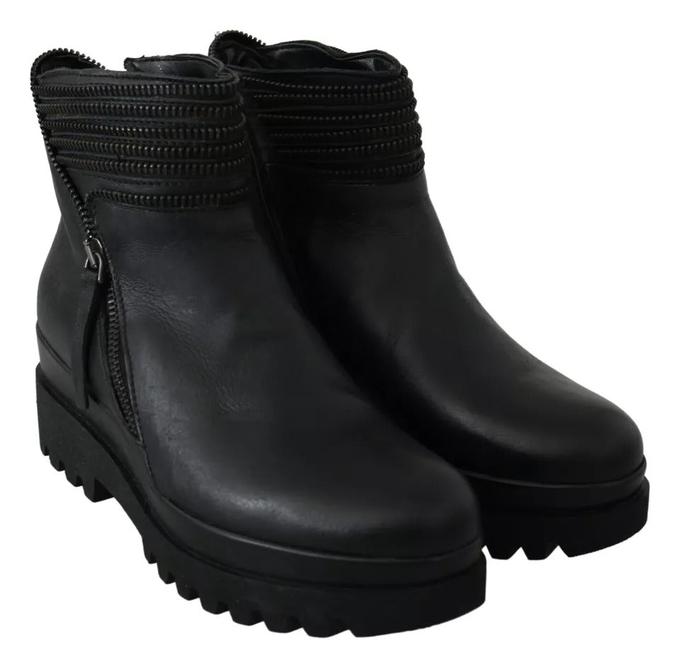 Ovyé Black Leather Zipper Ankle Boots Shoes | Regal Royce