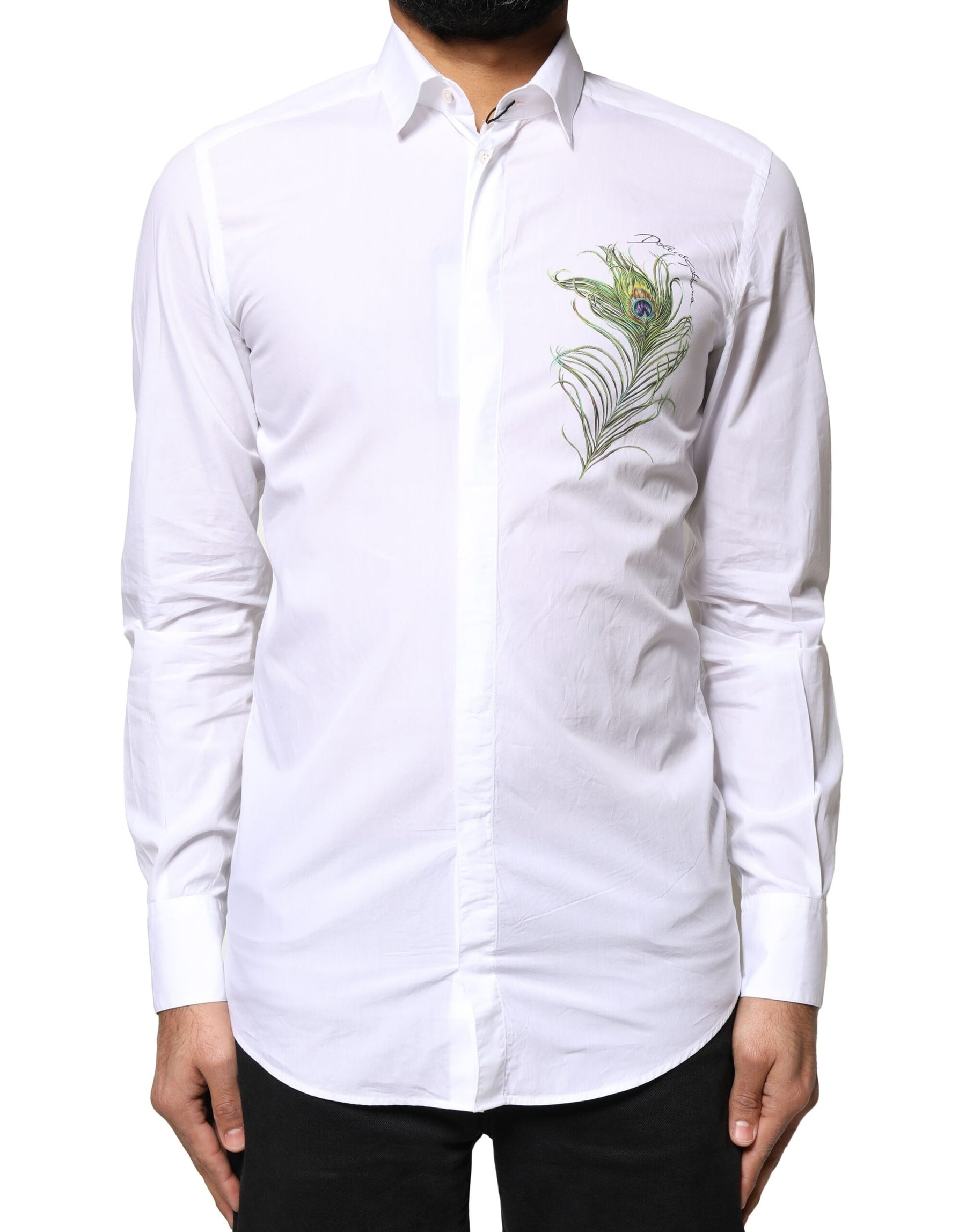 Dolce & Gabbana White Cotton Peacock Feather GOLD Formal Shirt | Regal Royce
