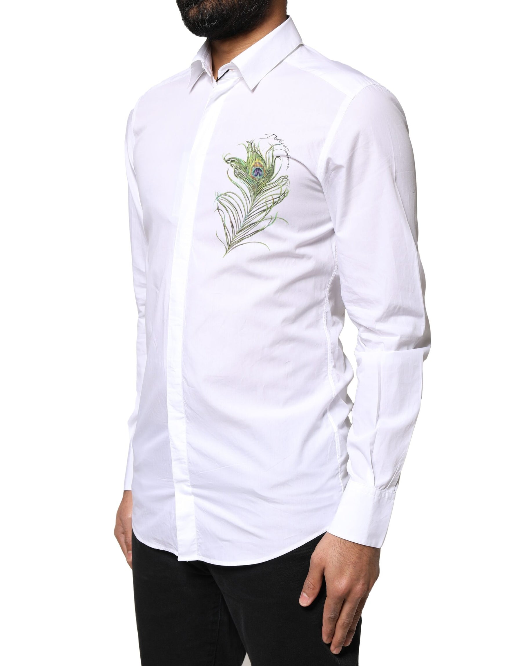 Dolce & Gabbana White Cotton Peacock Feather GOLD Formal Shirt | Regal Royce