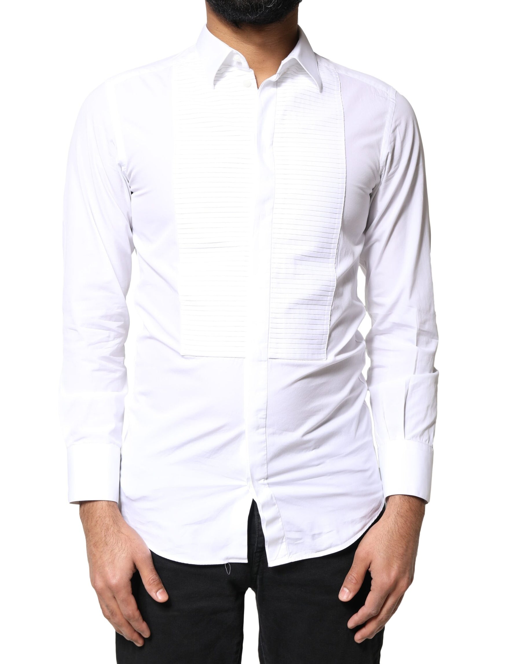 Dolce & Gabbana White GOLD Cotton Poplin Bib Men Dress Shirt | Regal Royce
