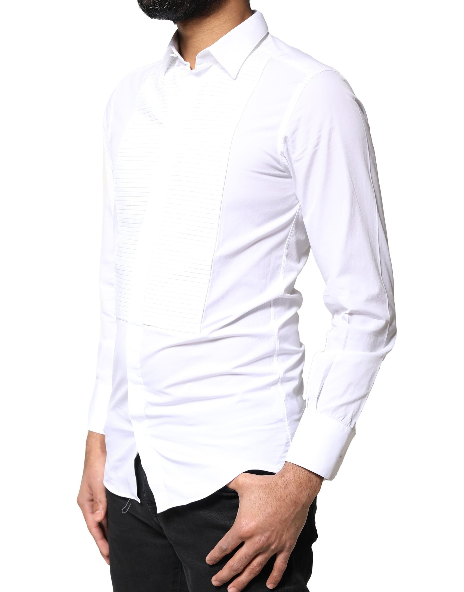 Dolce & Gabbana White GOLD Cotton Poplin Bib Men Dress Shirt | Regal Royce