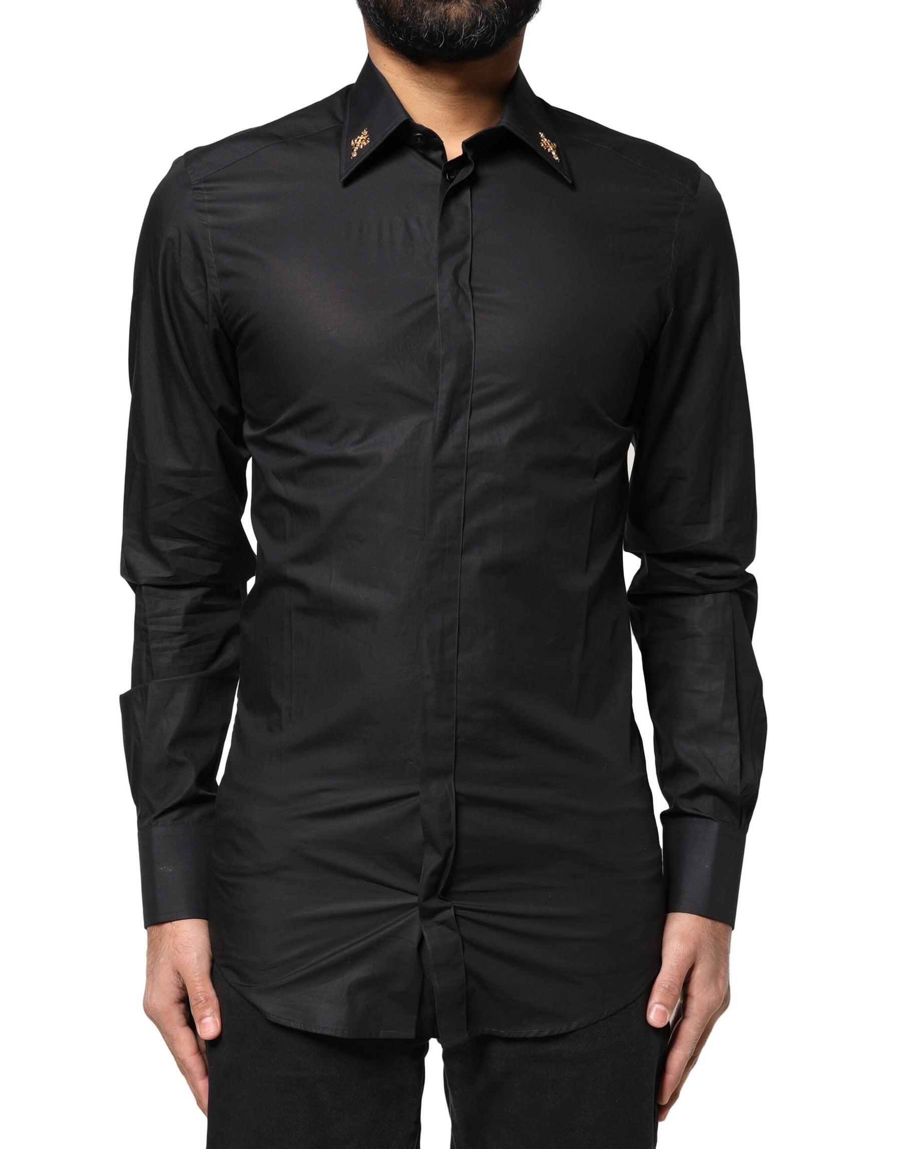Dolce & Gabbana Black GOLD Cross Embellished Men Dress Shirt | Regal Royce