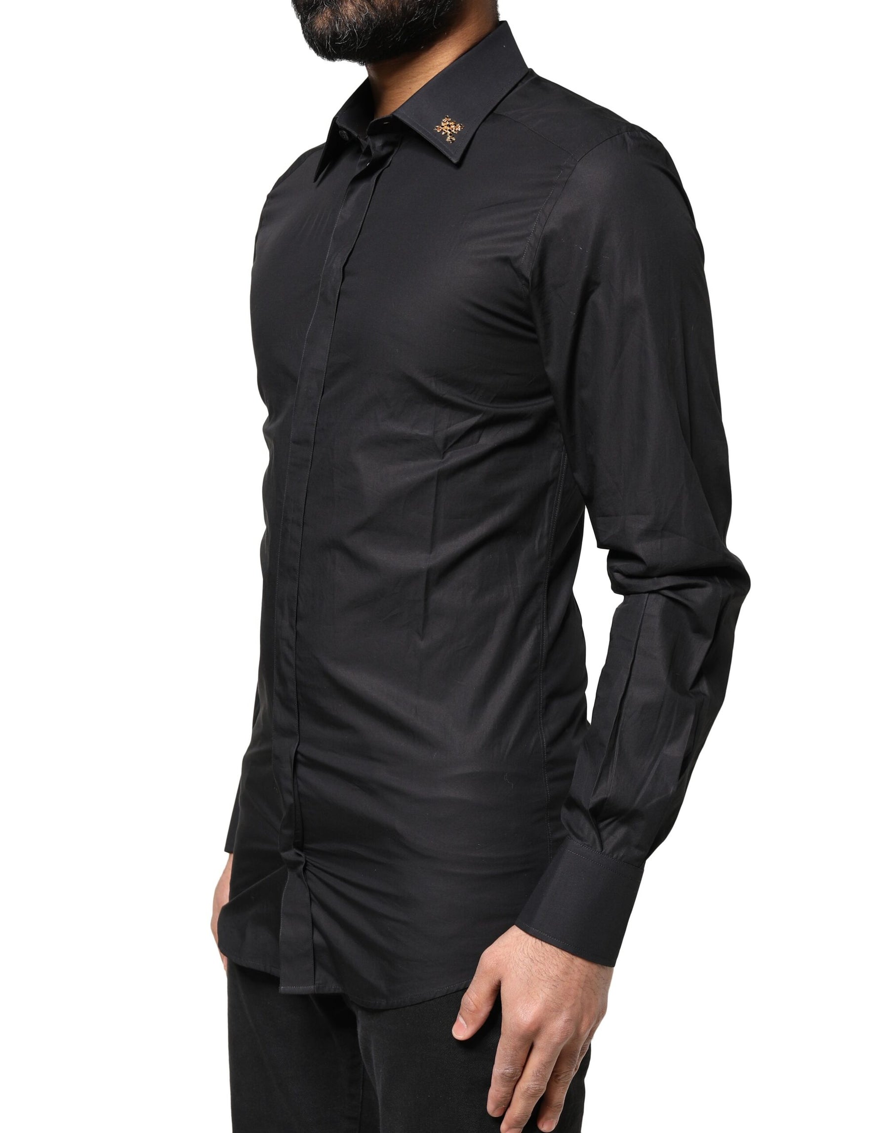 Dolce & Gabbana Black GOLD Cross Embellished Men Dress Shirt | Regal Royce