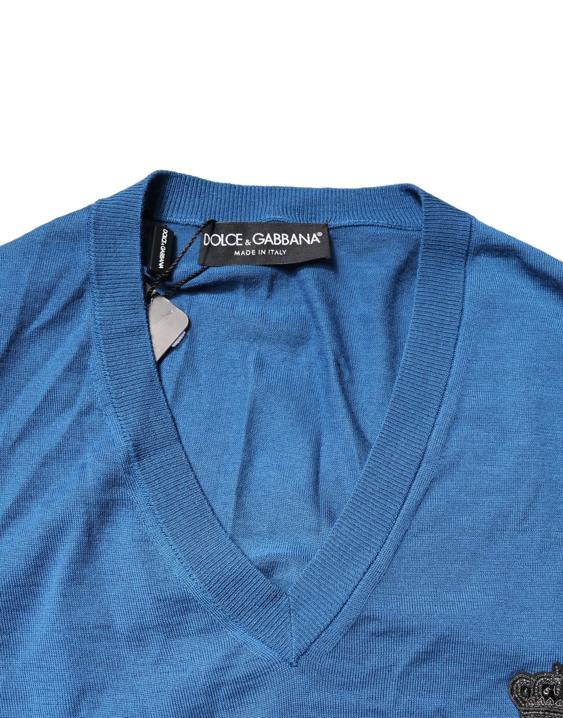 Dolce & Gabbana Blue Cashmere Crown V-neck Pullover Sweater | Regal Royce