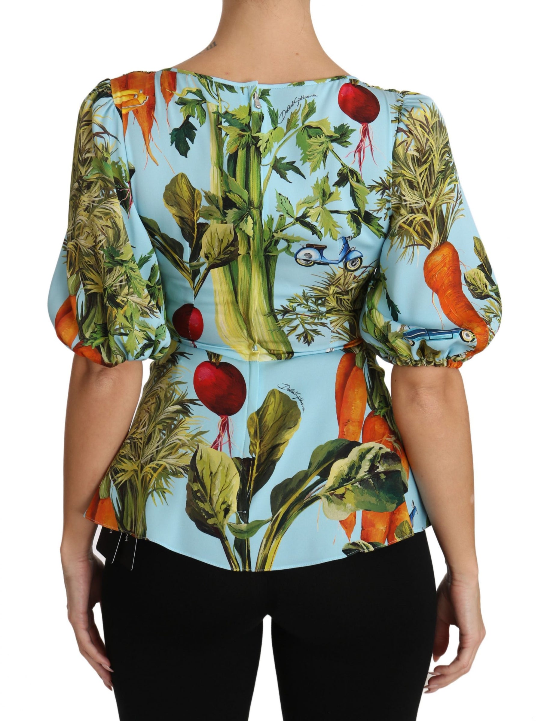Dolce & Gabbana Multicolor Vegetable Print Silk Top Peplum Wrap Blouse | Regal Royce