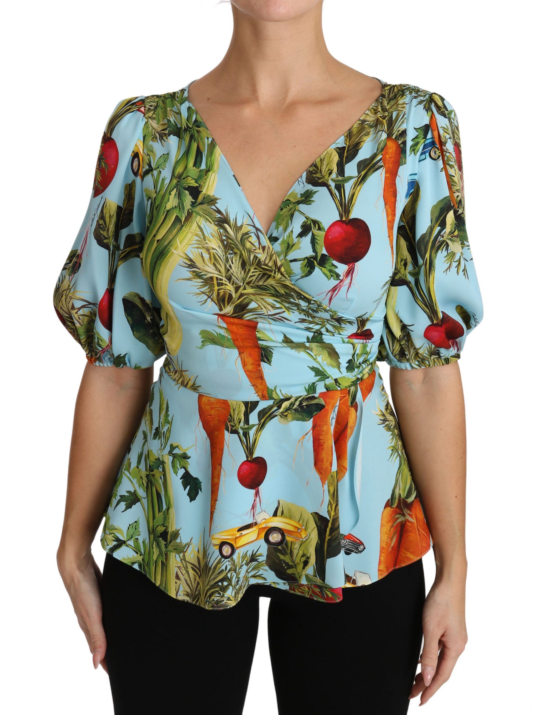 Dolce & Gabbana Multicolor Vegetable Print Silk Top Peplum Wrap Blouse | Regal Royce