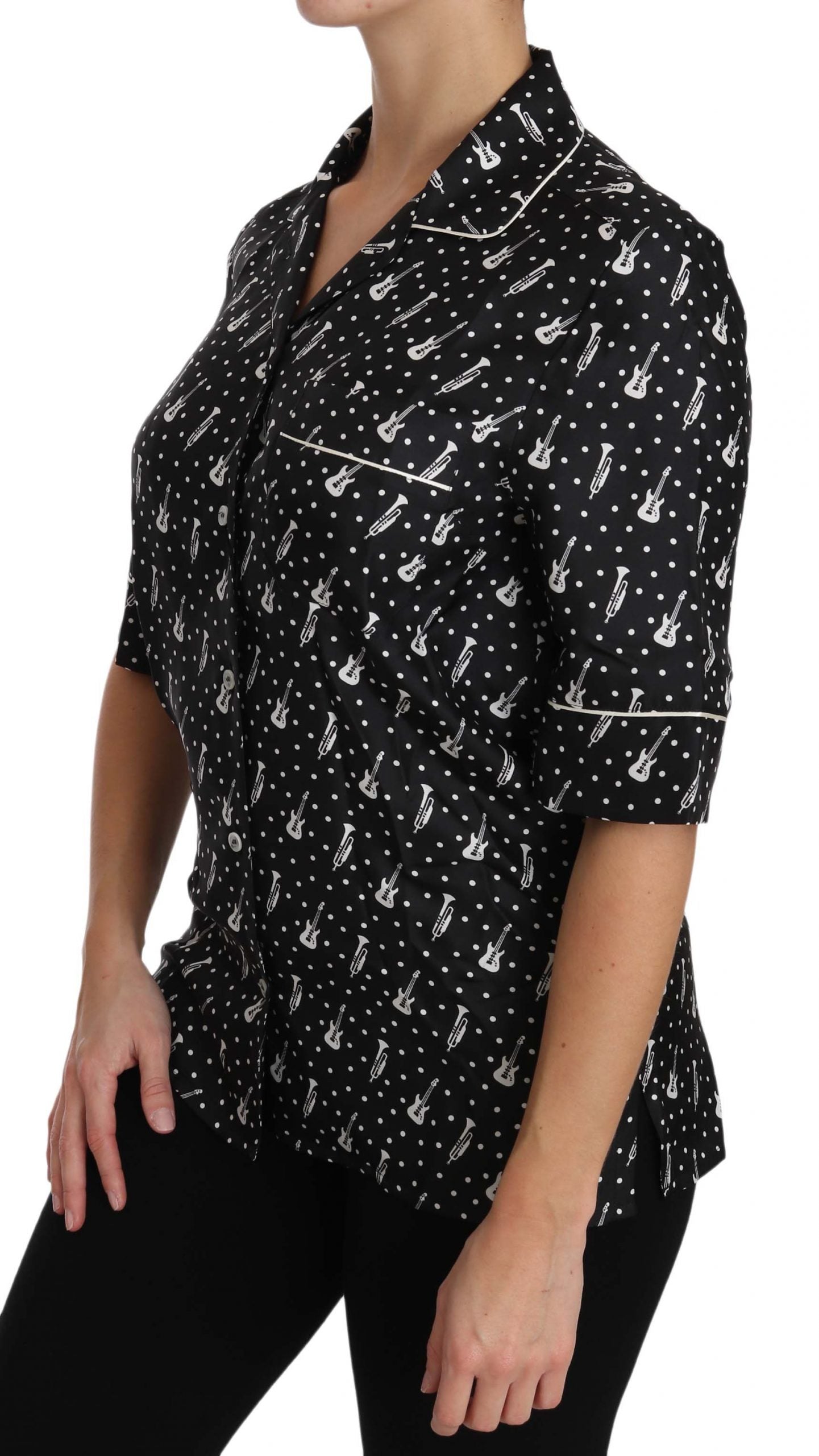 Dolce & Gabbana Black GuitarTrumpet Print Silk Shirt Top | Regal Royce