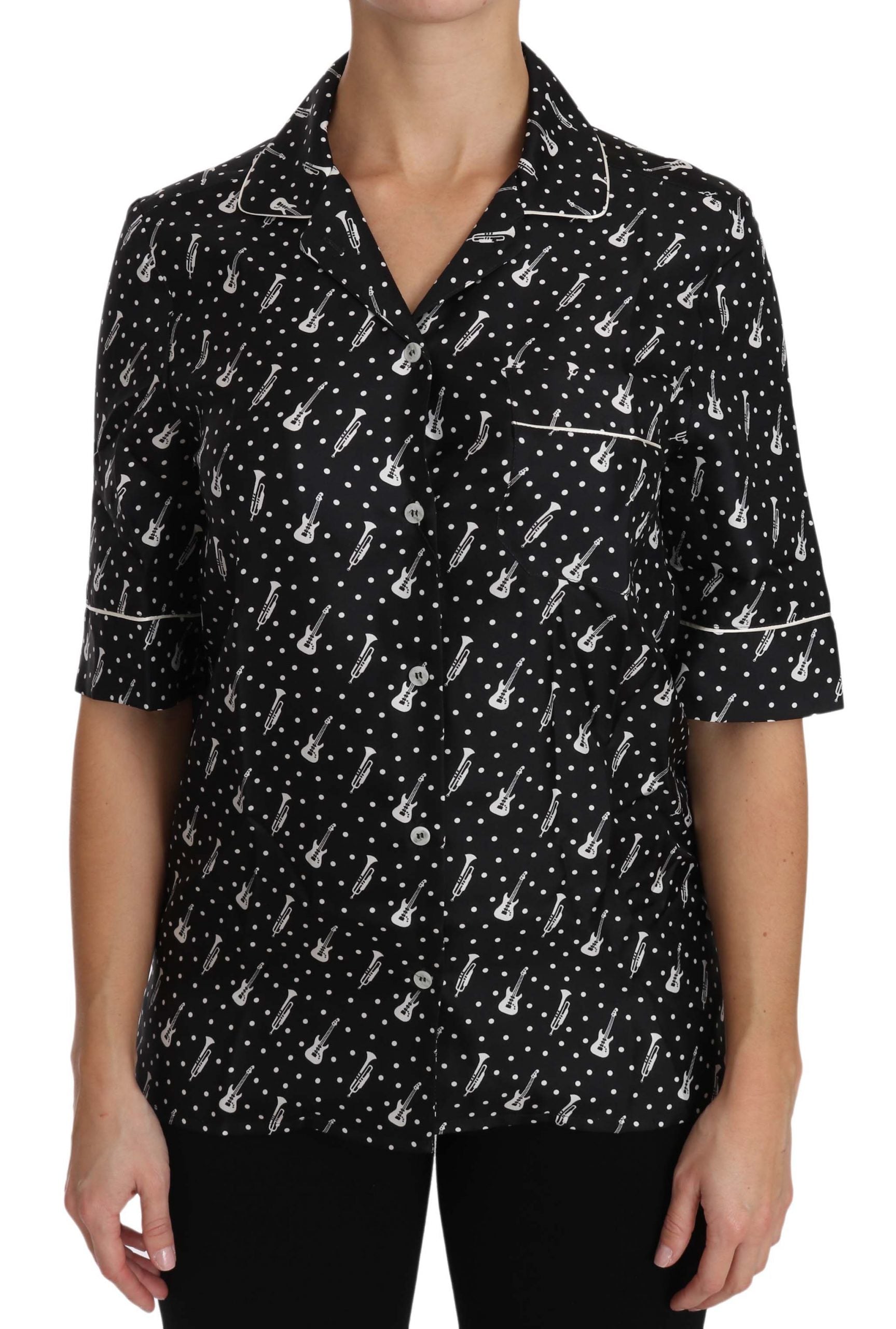 Dolce & Gabbana Black GuitarTrumpet Print Silk Shirt Top | Regal Royce