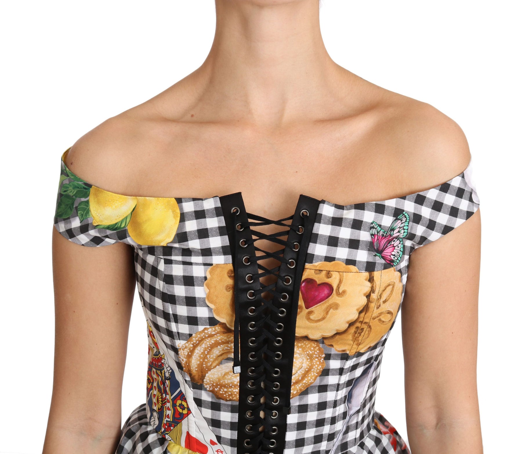 Dolce & Gabbana Black and White Corset Blouse Sicily Lemon Check Top | Regal Royce