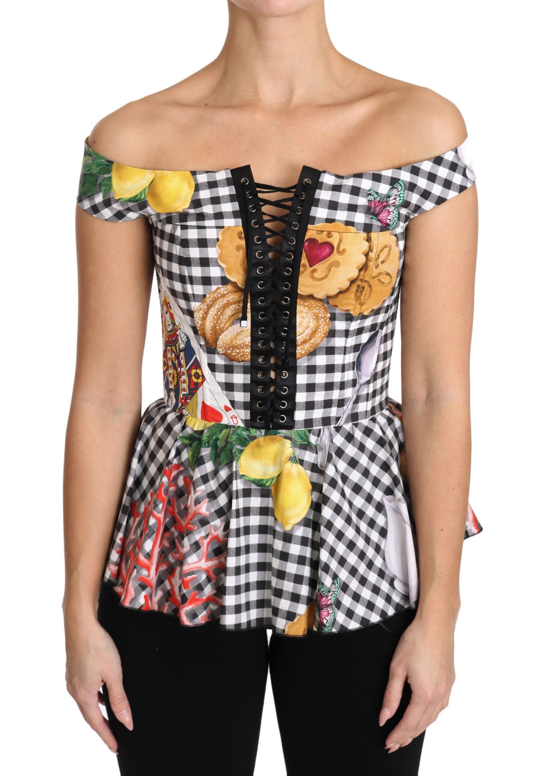 Dolce & Gabbana Black and White Corset Blouse Sicily Lemon Check Top | Regal Royce