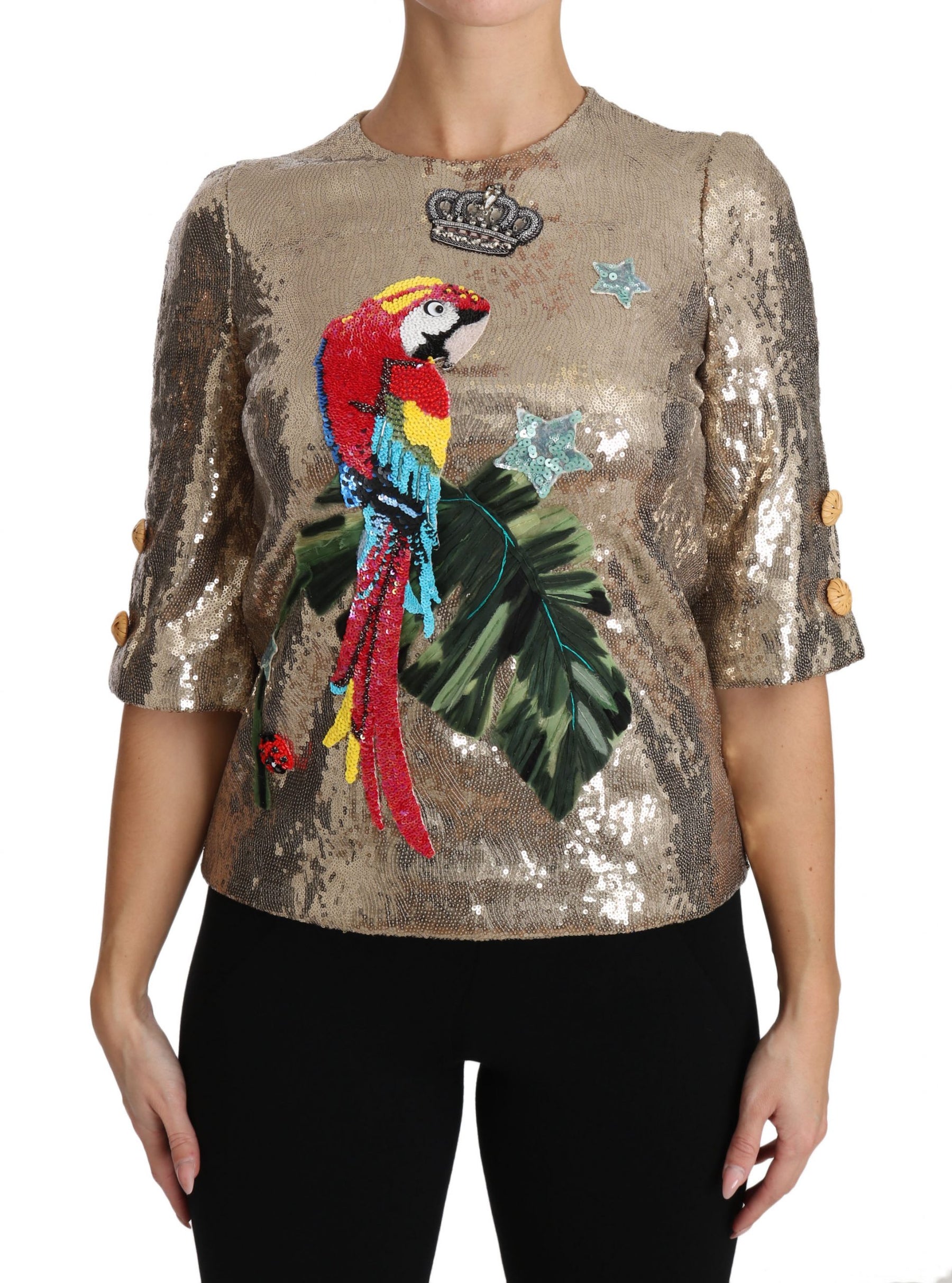 Dolce & Gabbana Gold Sequined Parrot Crystal Blouse | Regal Royce