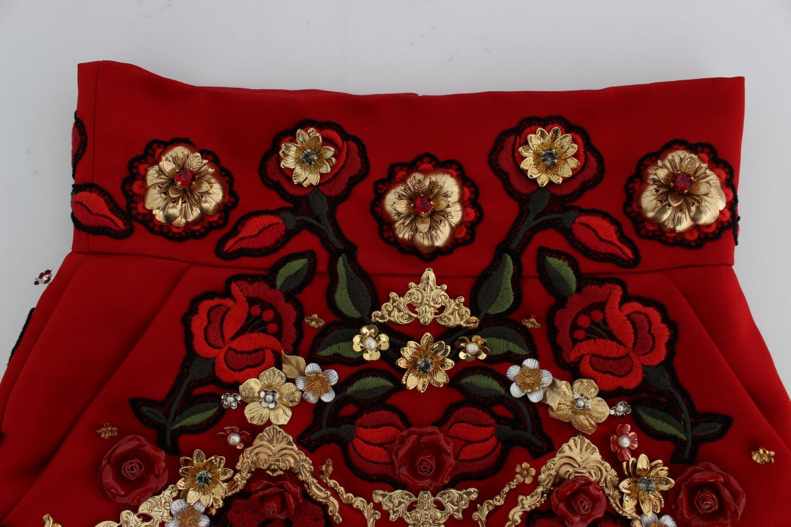 Dolce & Gabbana Red Silk Crystal Roses Shorts | Regal Royce