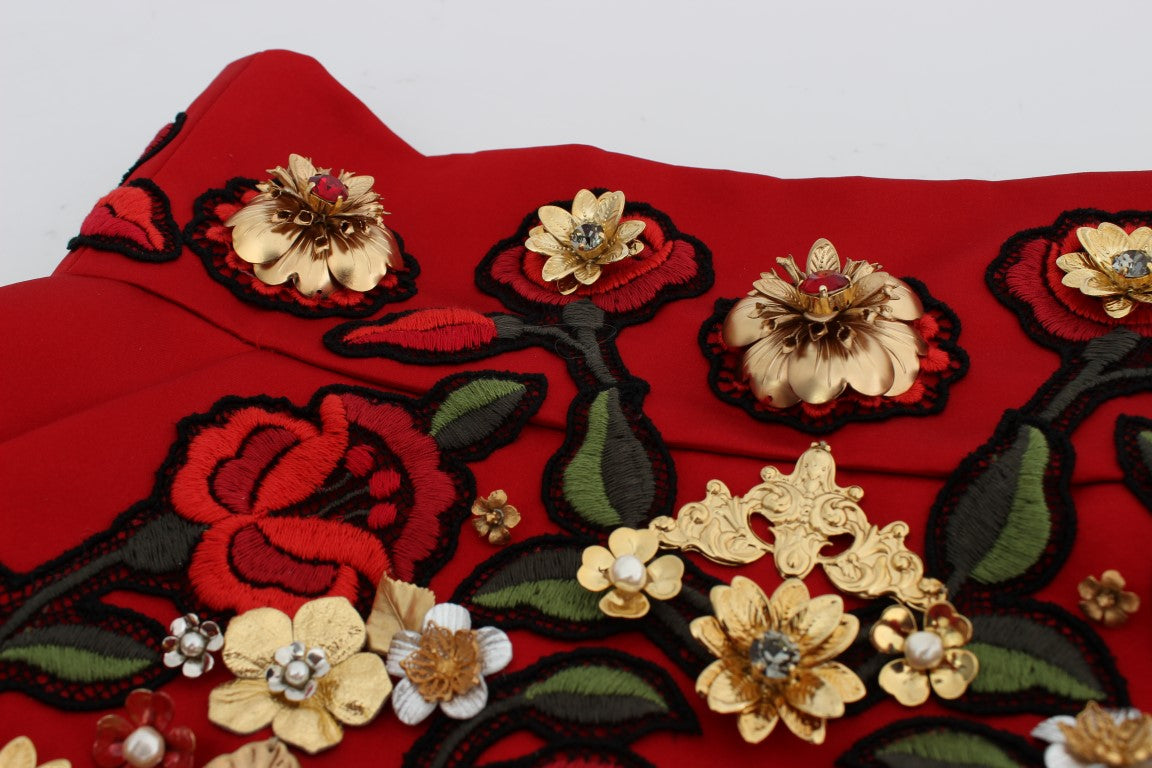 Dolce & Gabbana Red Silk Crystal Roses Shorts | Regal Royce