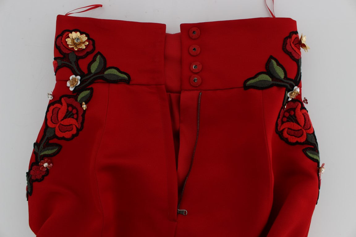 Dolce & Gabbana Red Silk Crystal Roses Shorts | Regal Royce