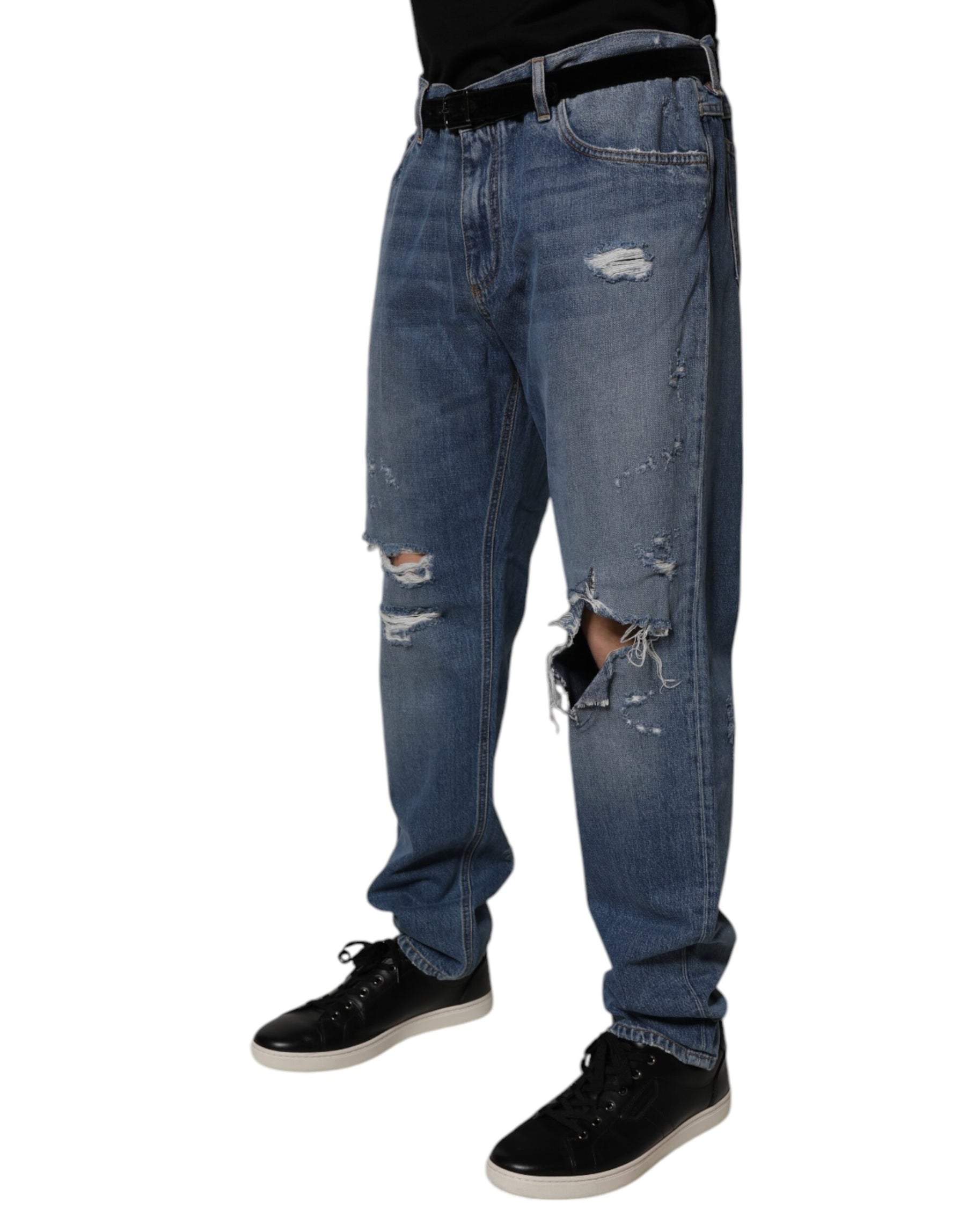 Dolce & Gabbana Blue Tattered Cotton Straight Denim Jeans | Regal Royce